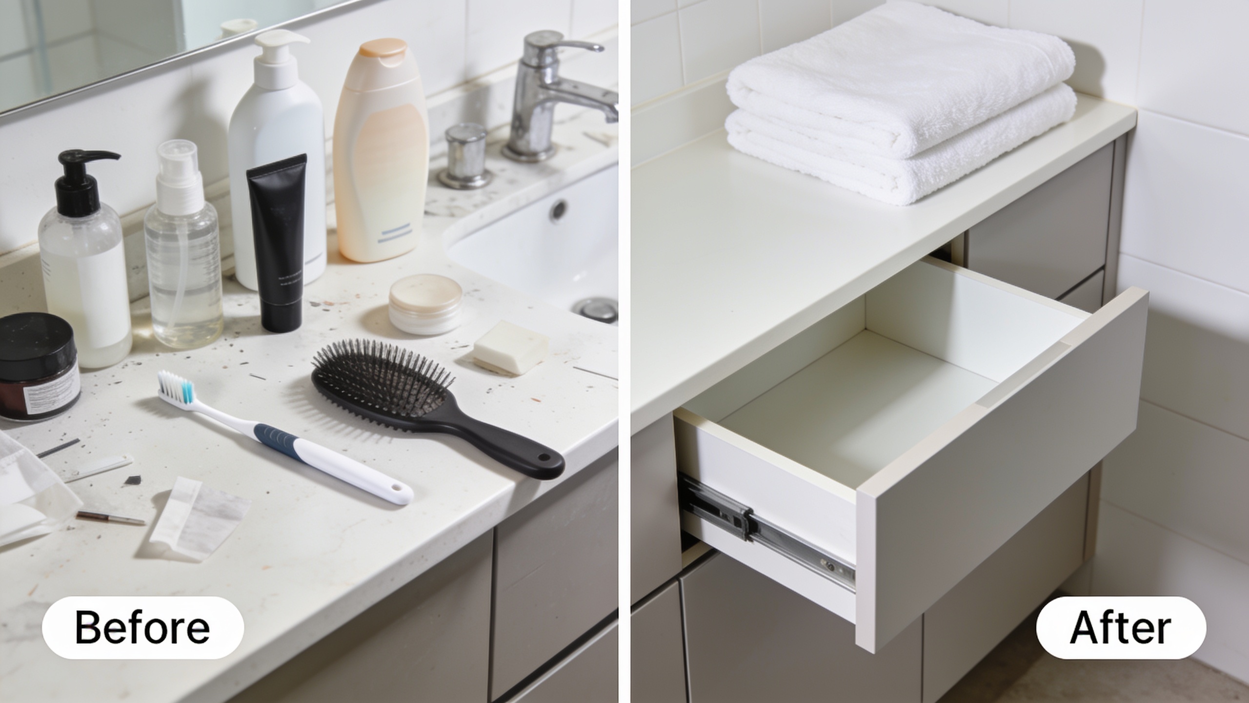 Before and after bathroom organization showing cluttered versus clean, guest-ready bathroom counter