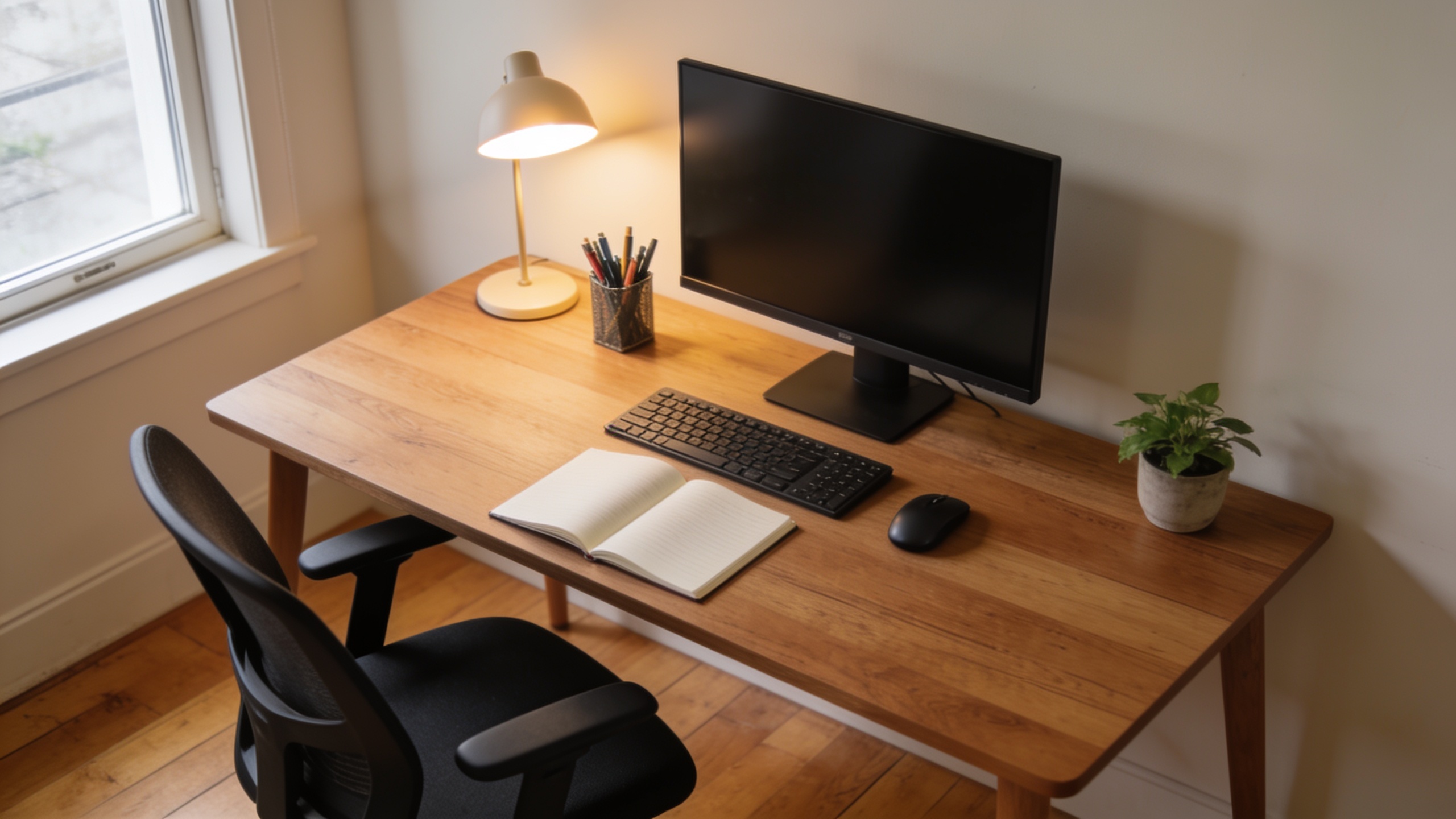 Well-organized home office workspace showing ergonomic setup and amenities that attract remote worker swap partners