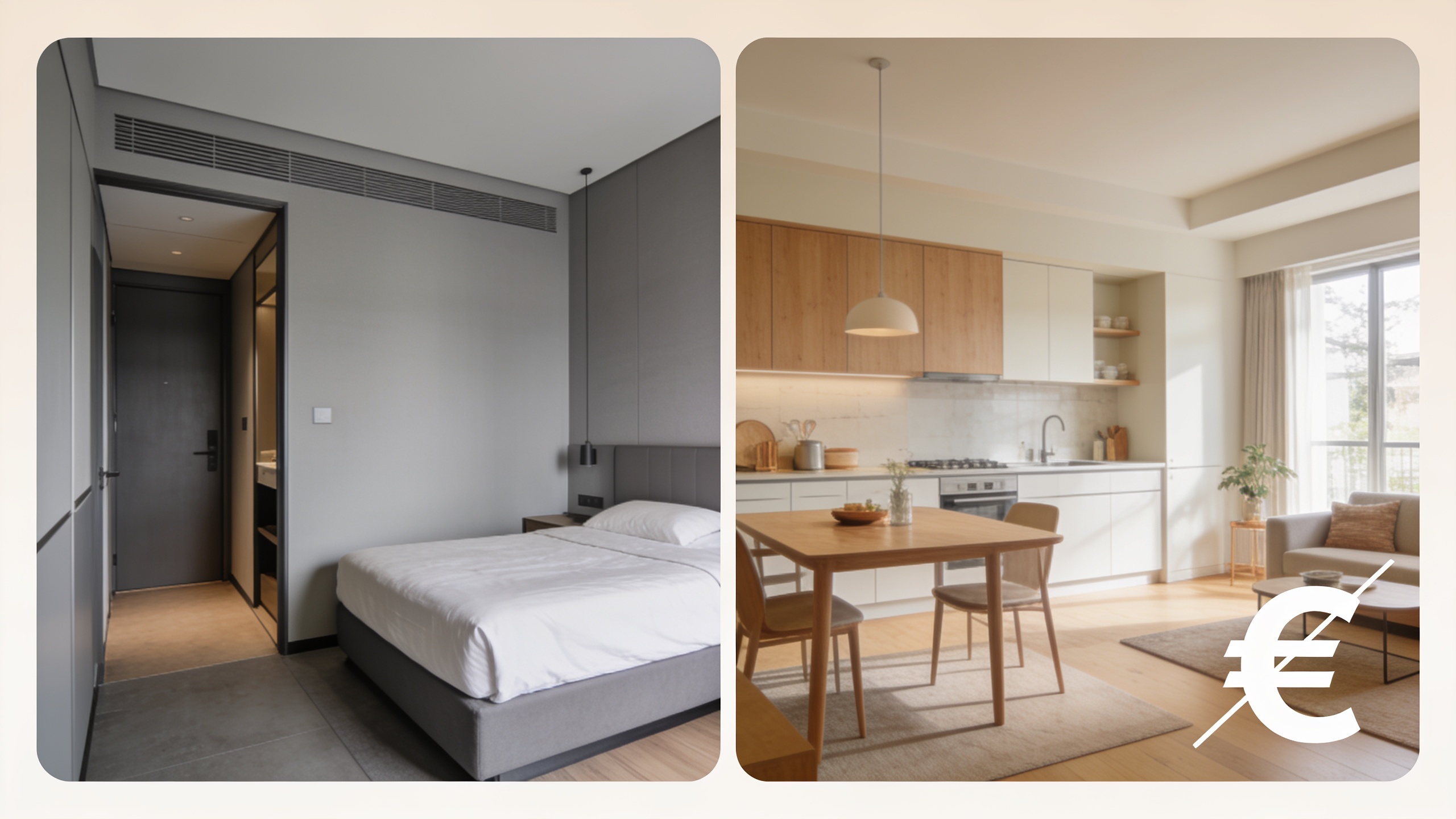 Comparison of cramped hotel room versus spacious home with kitchen in home swapping