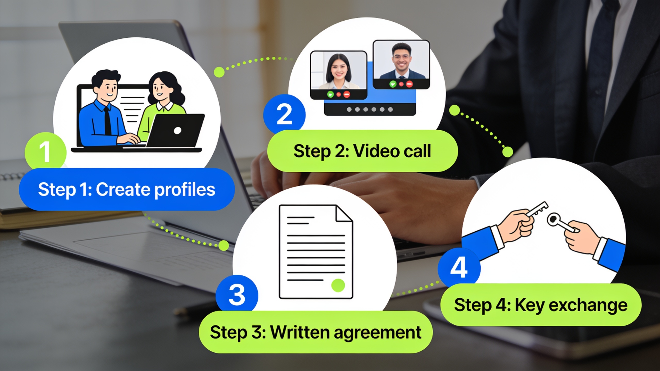 Step-by-step infographic showing the home swapping process from profile creation to key exchange