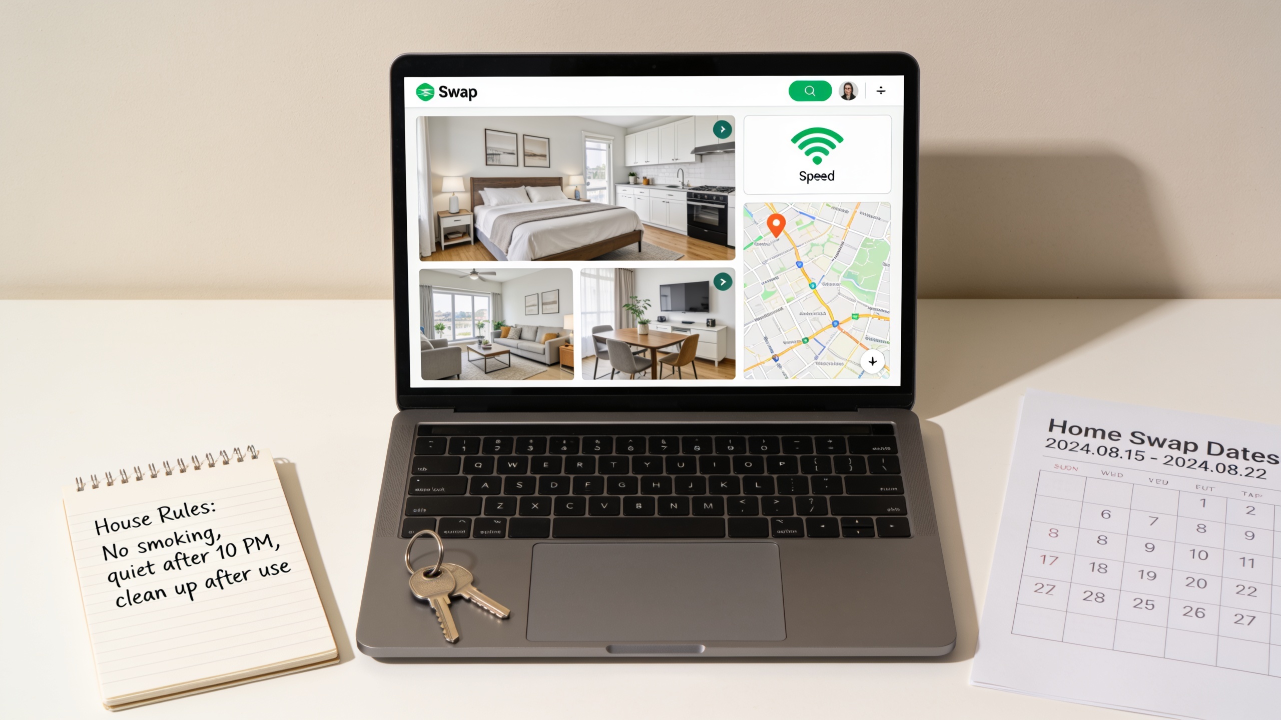 Home swap listing setup showing laptop with property photos, neighborhood details, house rules checklist, and keys representing preparation for successful home exchange