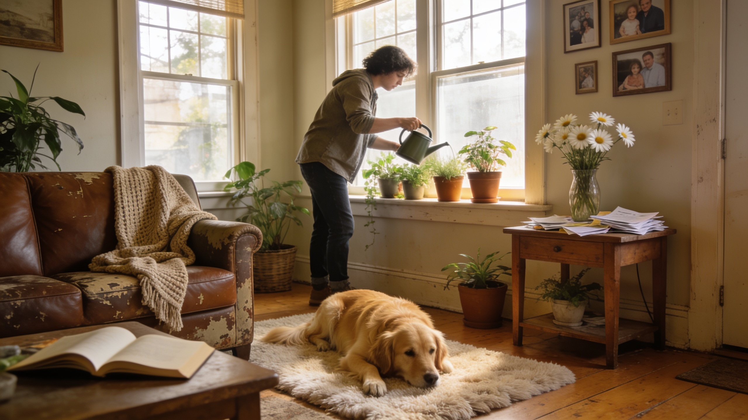 Swap partner caring for a home during simultaneous exchange, watering plants and managing household tasks