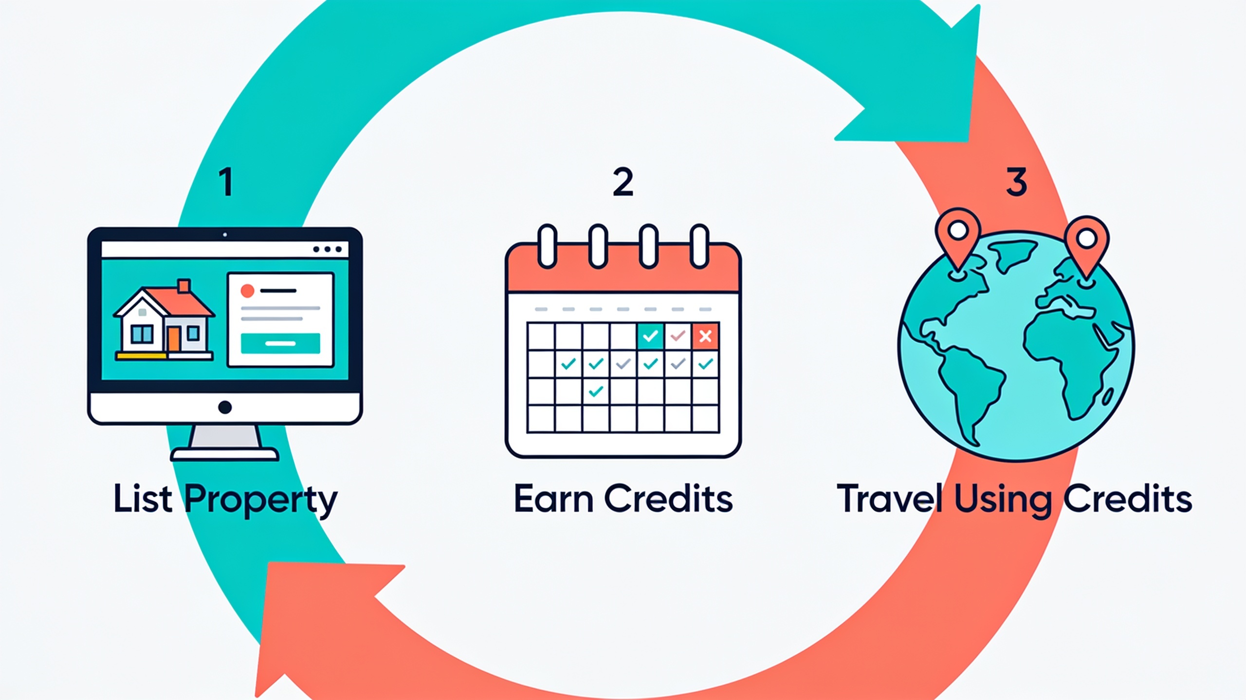 Three-step cycle of credit-based home swapping: list home, earn credits from guests, travel using credits