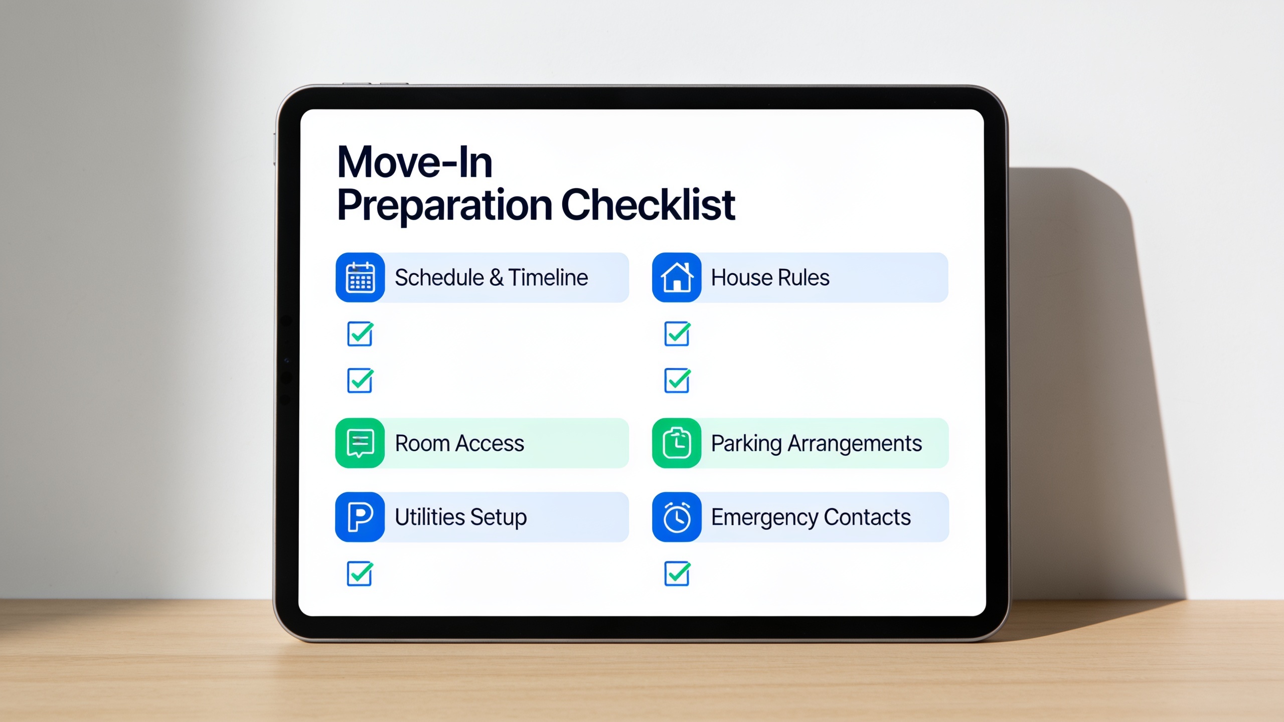 Infographic checklist showing pre-swap planning items including timing, house rules, room access, parking, utilities, and emergency contacts