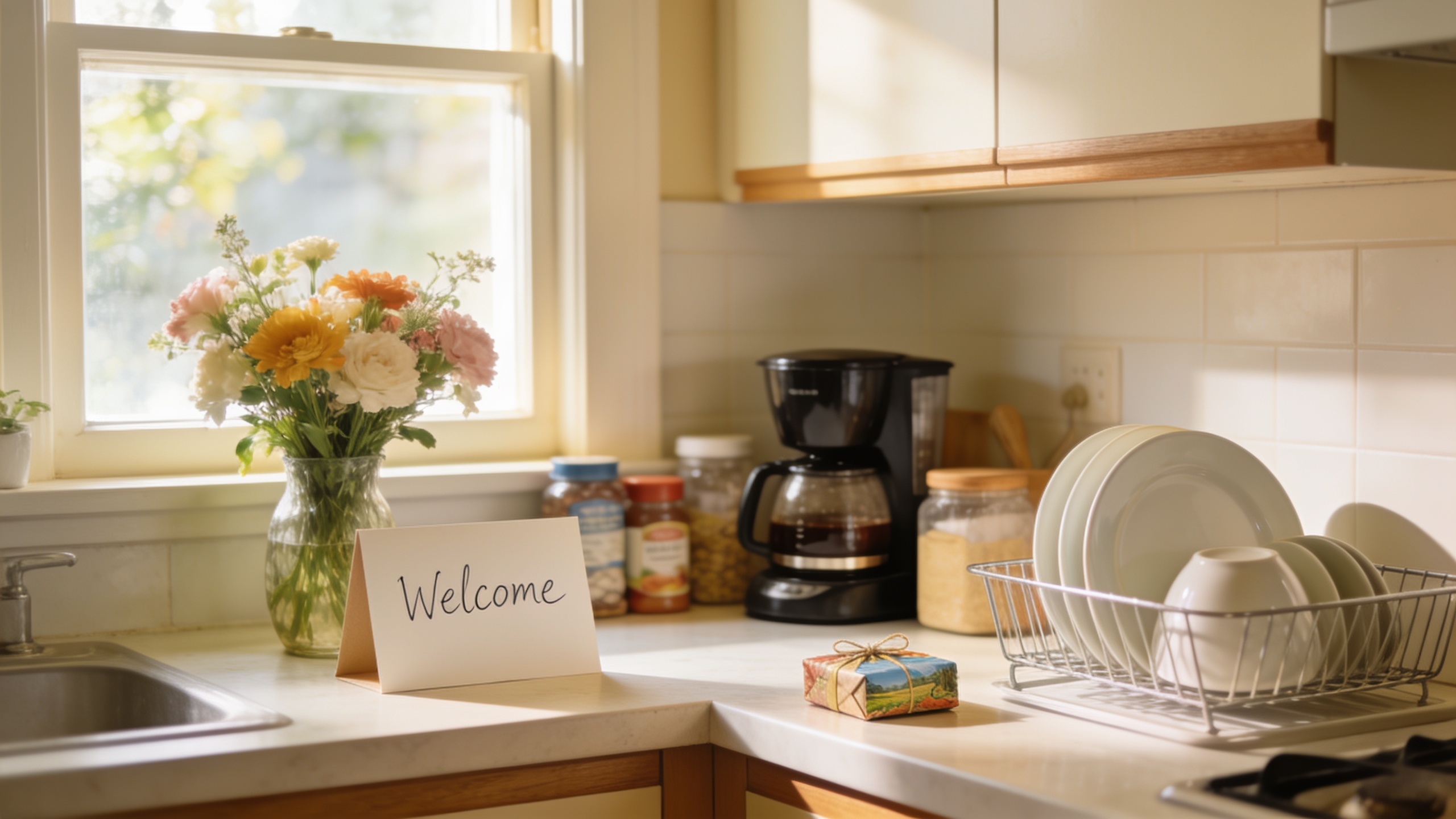 A welcoming kitchen setup with a handwritten note, fresh supplies, and clean dishes, exemplifying thoughtful guest etiquette and leaving a home better than found
