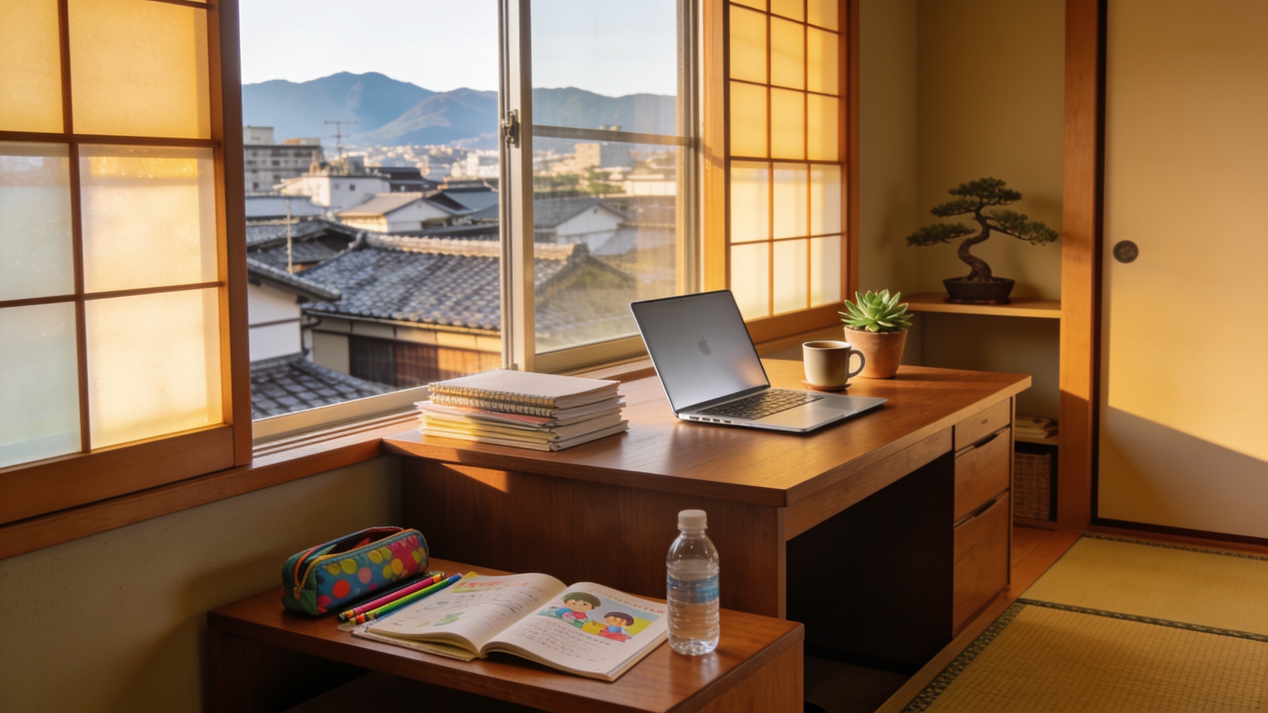 Remote work setup in a Kyoto apartment showing how digital nomad families maintain productivity while traveling