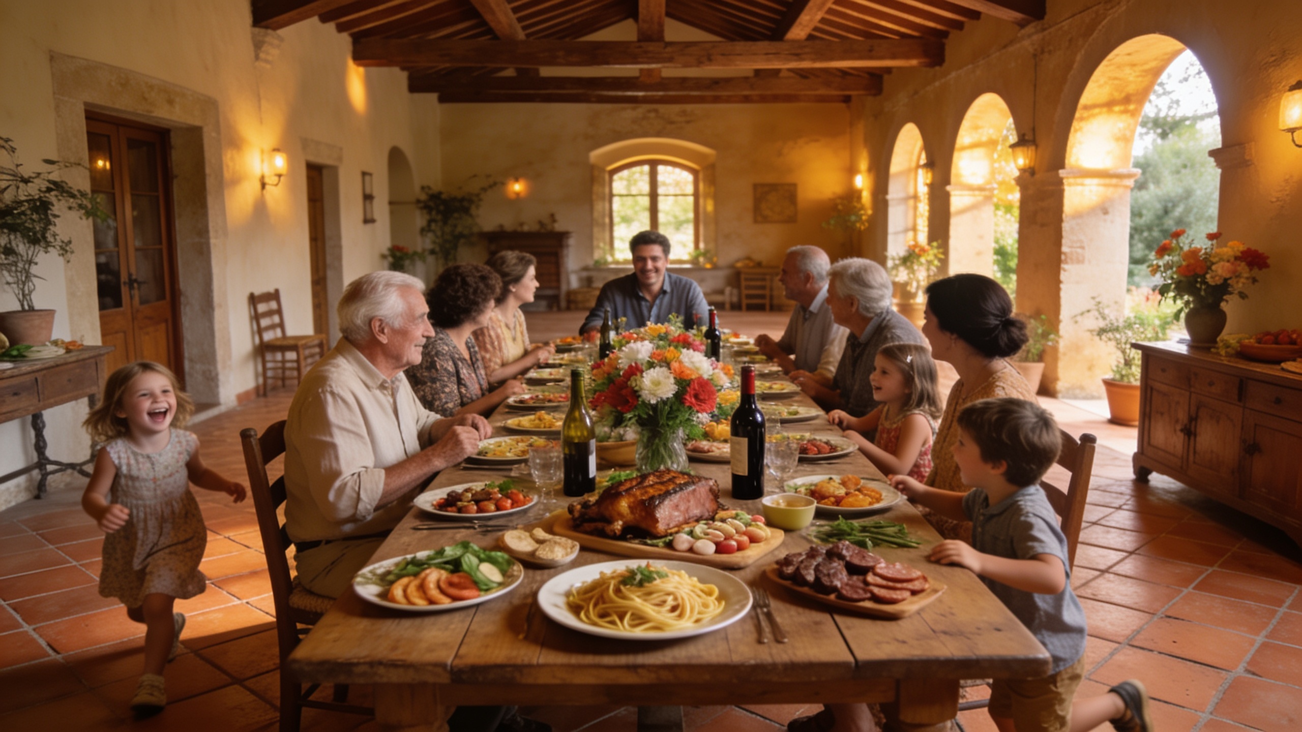 Multi-generational family enjoying a meal together in a Tuscan villa during a home swap vacation