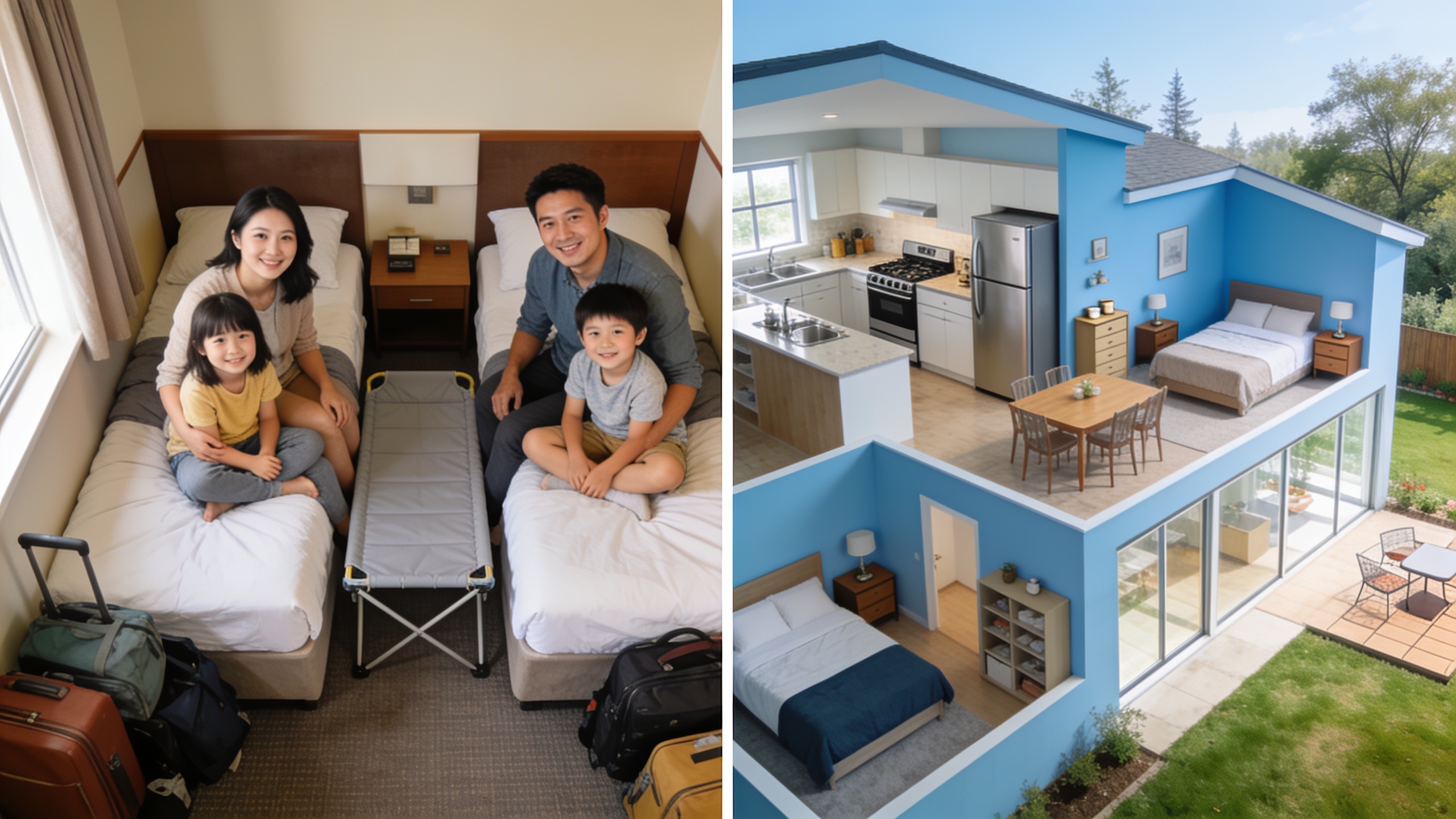 Comparison of cramped hotel room versus spacious family home with multiple bedrooms and kitchen
