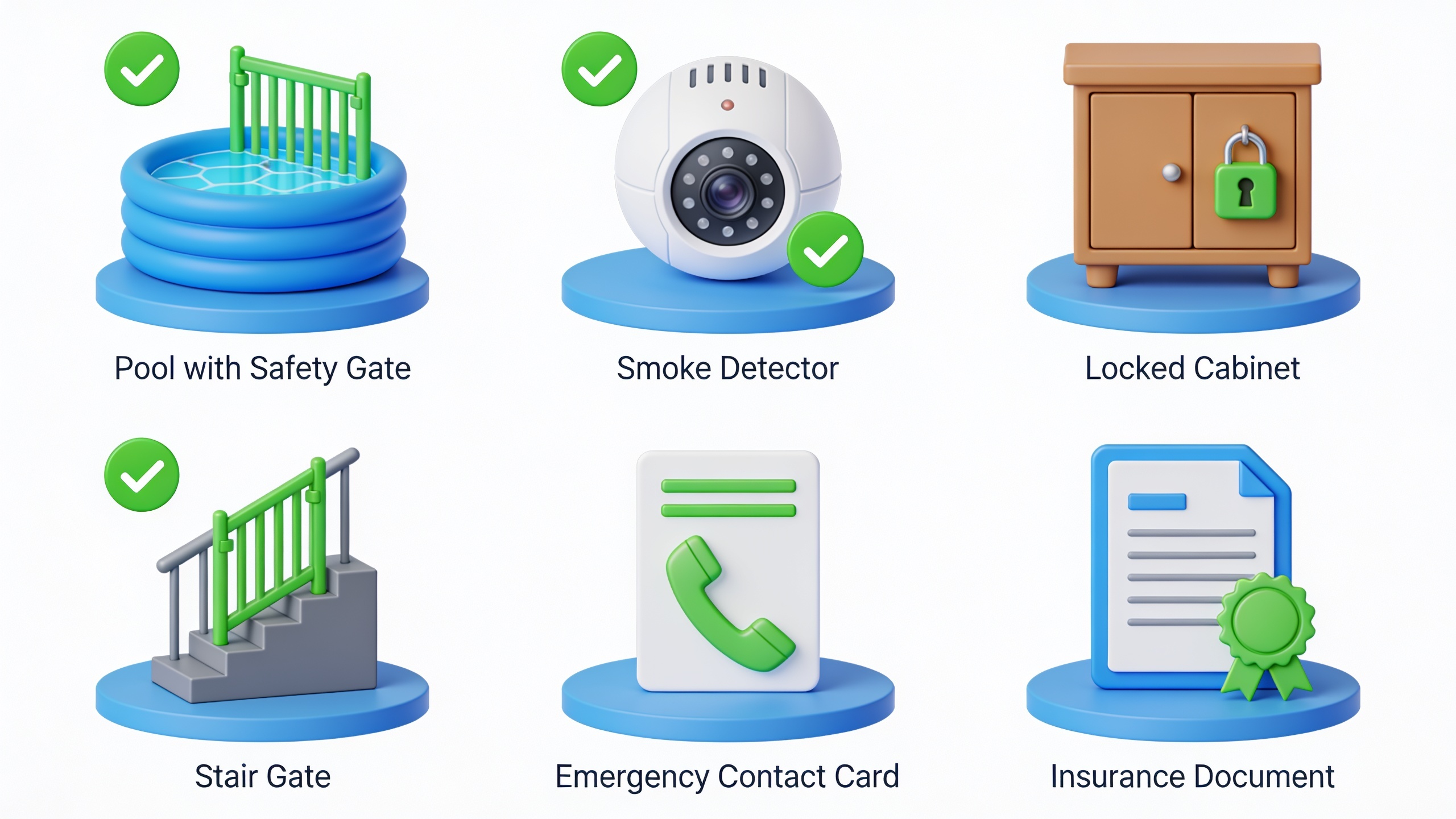 Home safety checklist infographic showing six key safety areas for families including pool fencing, smoke detectors, locked cabinets, stair gates, emergency contacts, and insurance