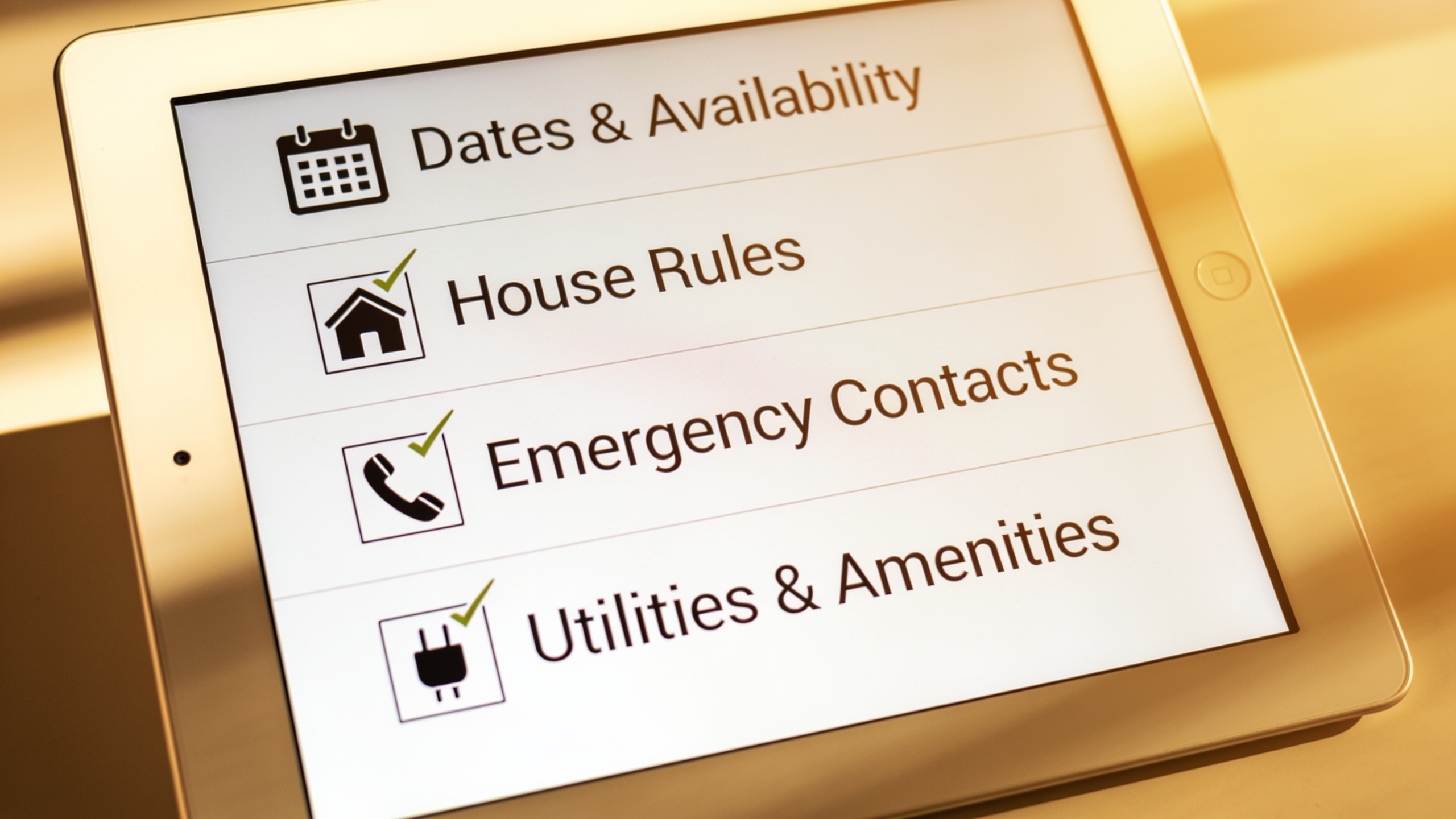 Digital checklist of essential home swap communication topics including dates, house rules, emergency contacts, and utilities