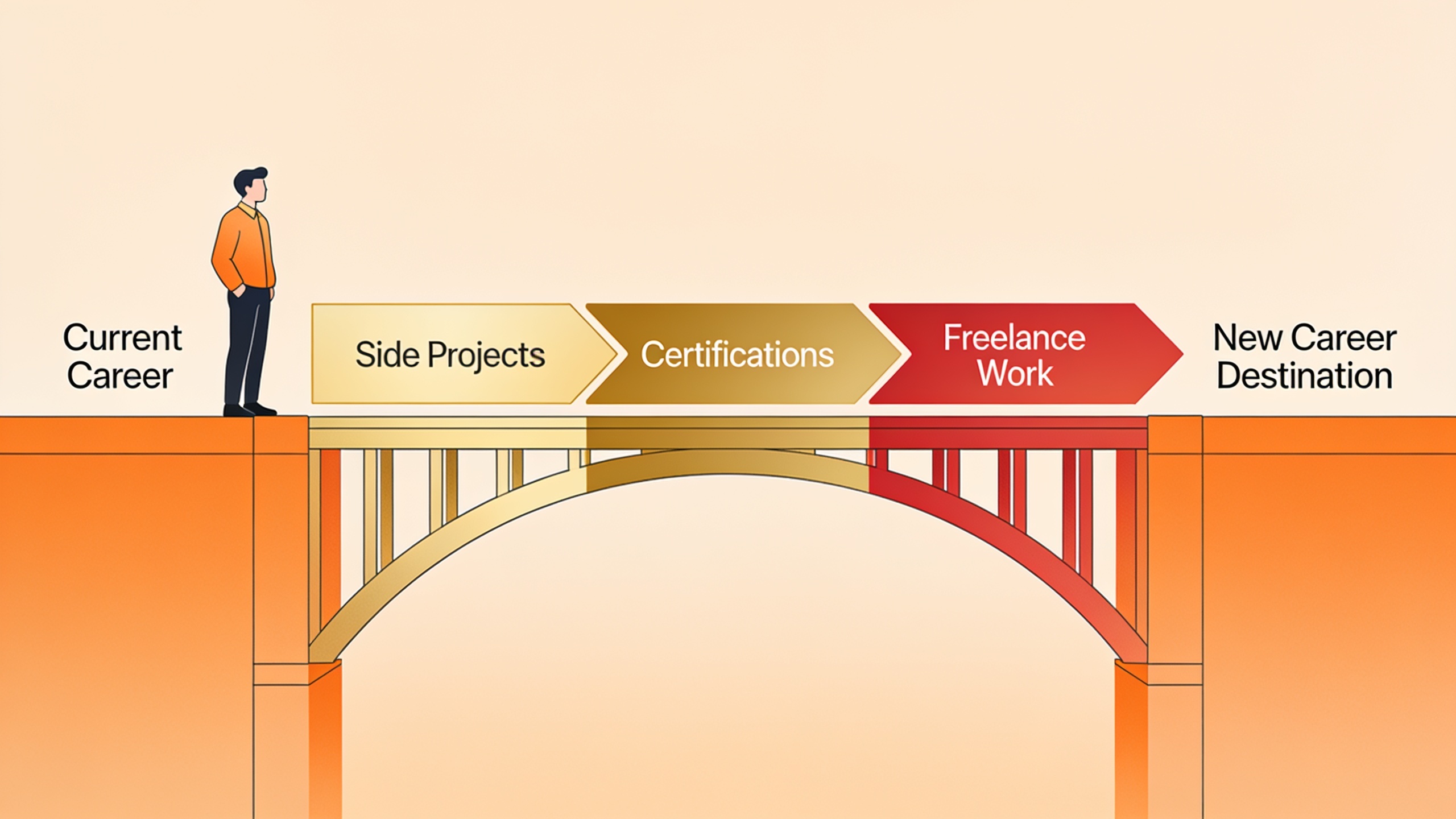Career bridge illustration showing progression from current role through intermediate steps to new career destination