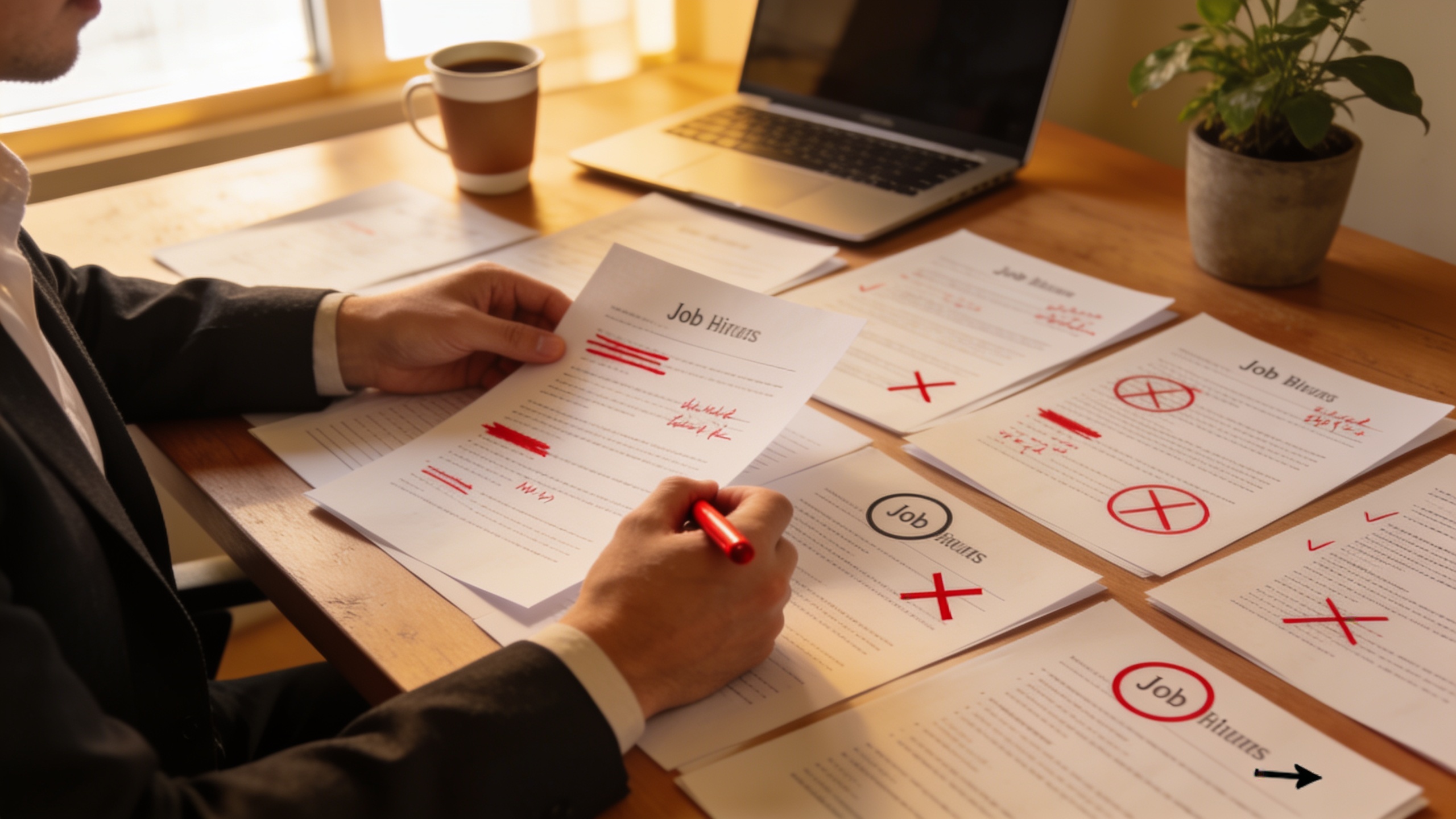 Recruiter reviewing and evaluating multiple job applications with a critical eye