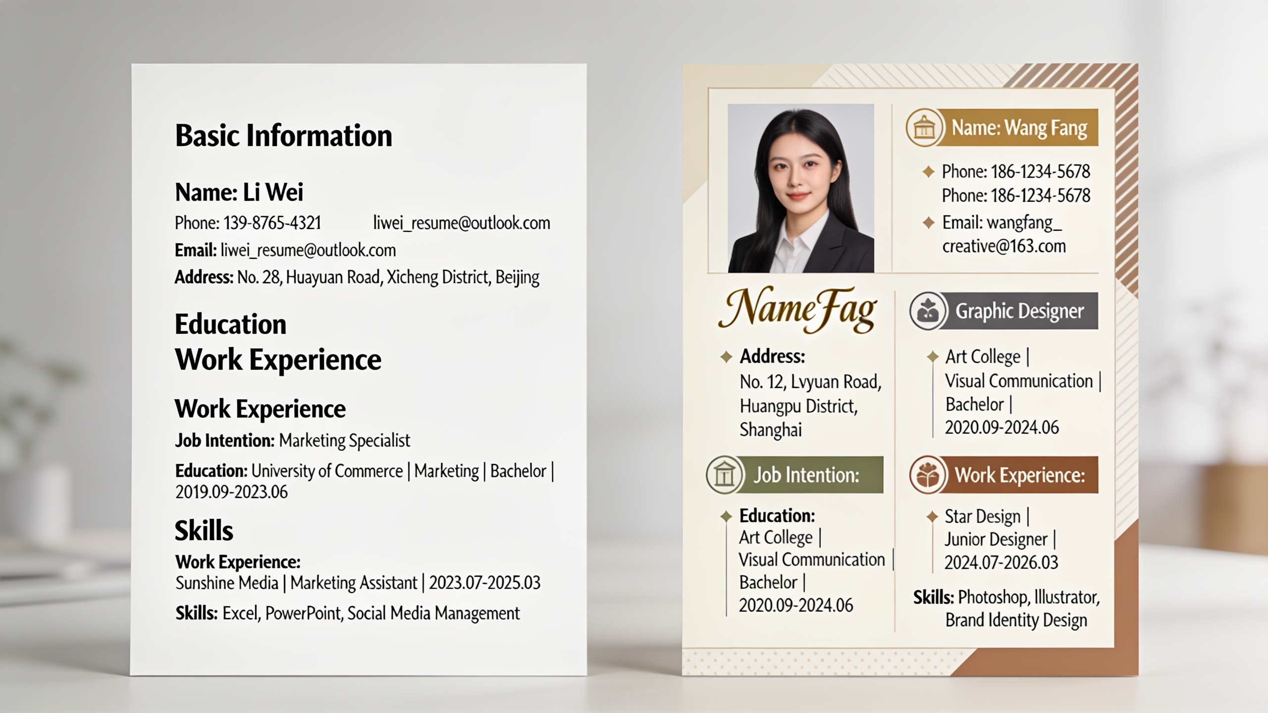 Side-by-side comparison of ATS-friendly clean resume format versus visually designed but ATS-unfriendly resume with graphics and multiple columns