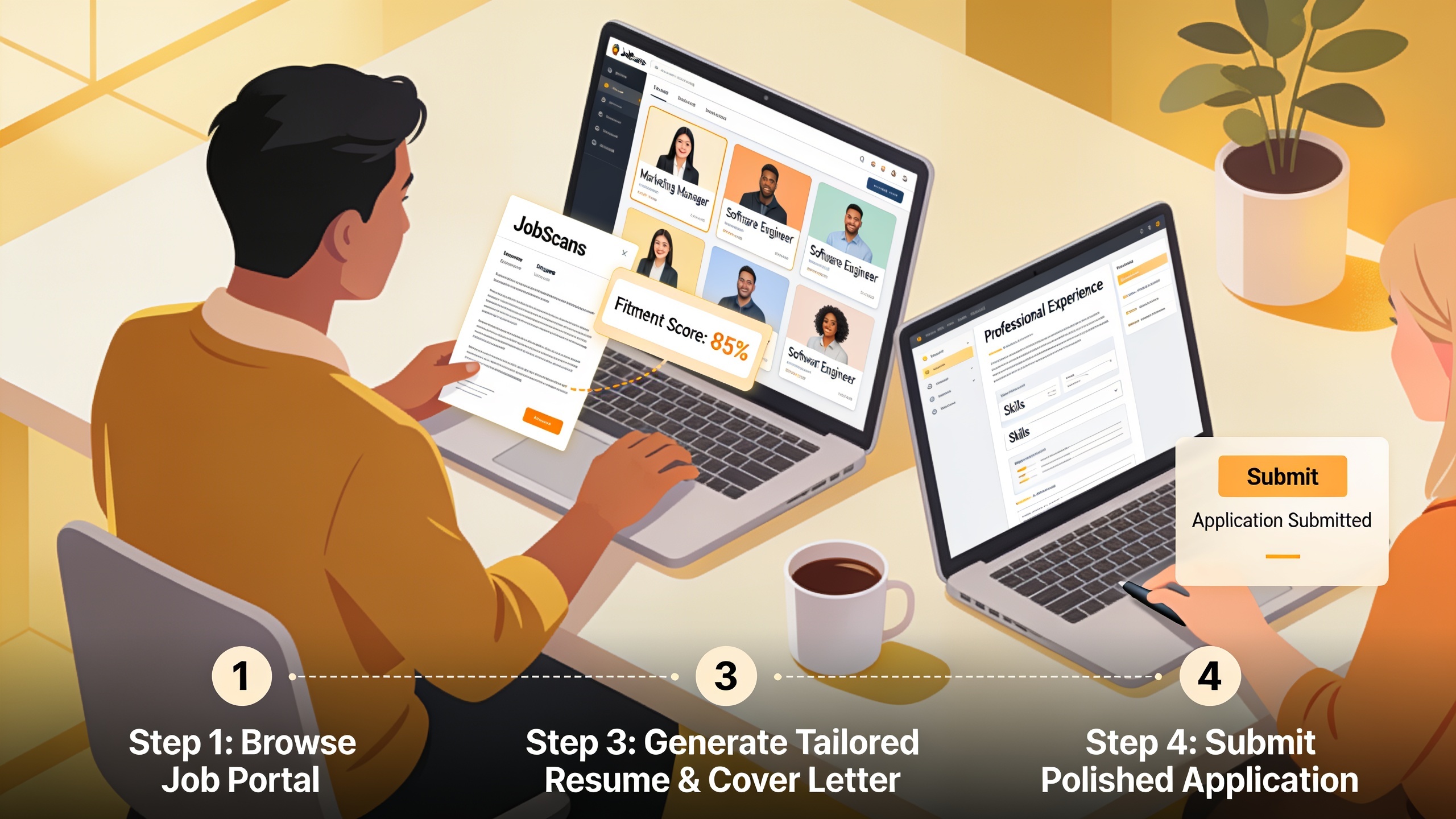 Step-by-step workflow combining job portal discovery with resume optimization before applying