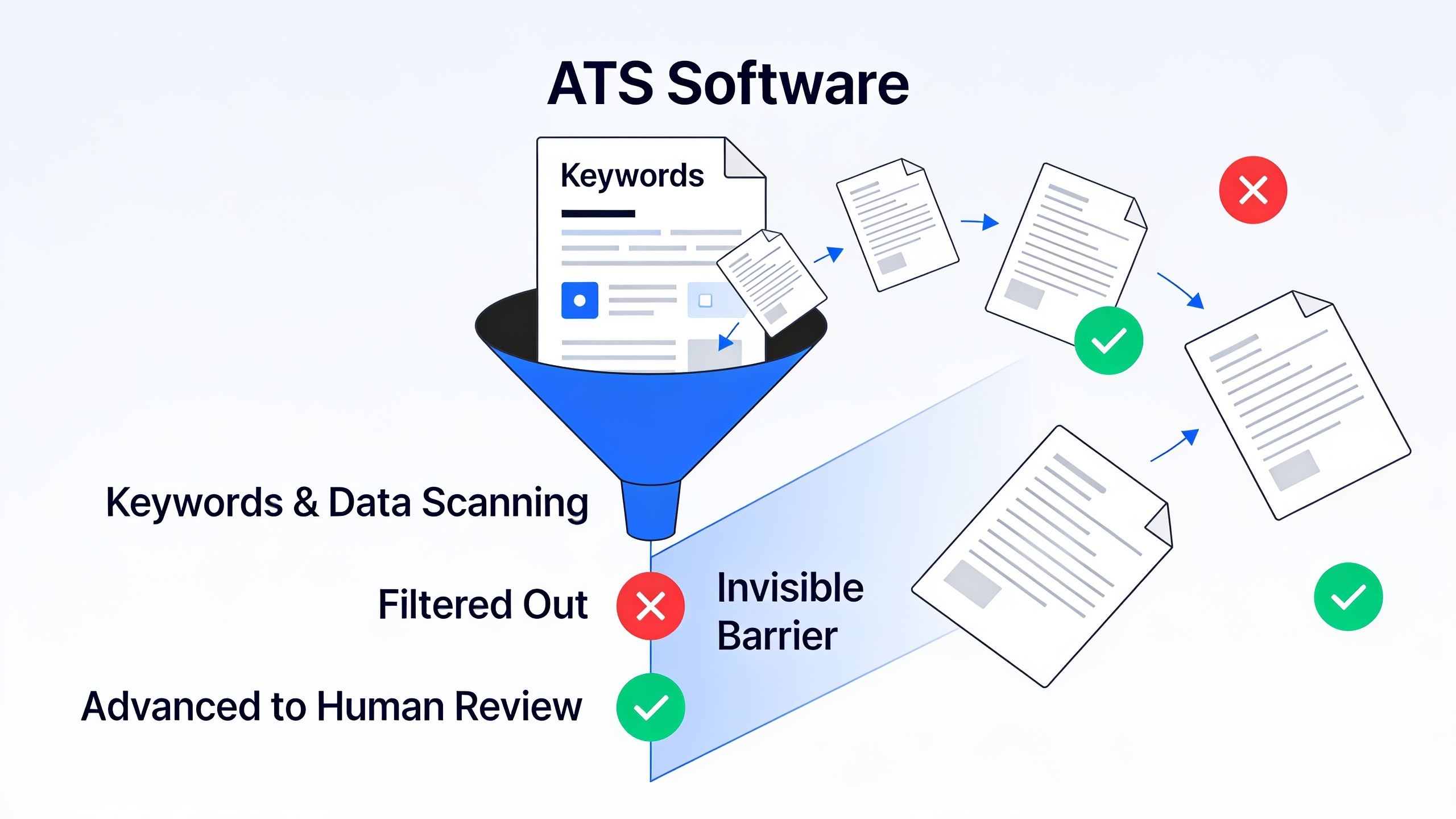 Visual diagram of how ATS software filters resumes before human recruiters see them