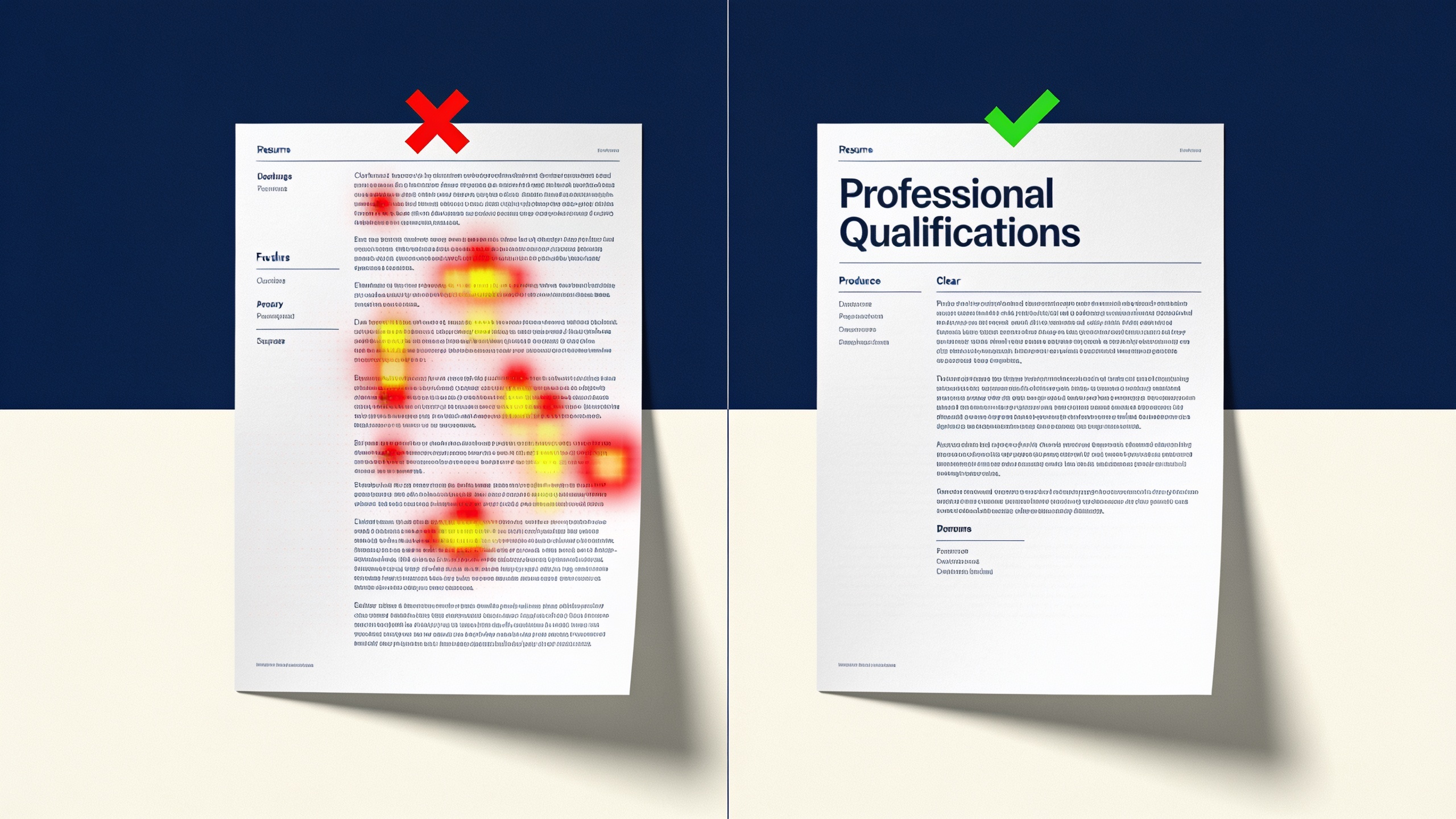 Comparison of poorly organized versus well-organized resume layouts showing where recruiter attention focuses