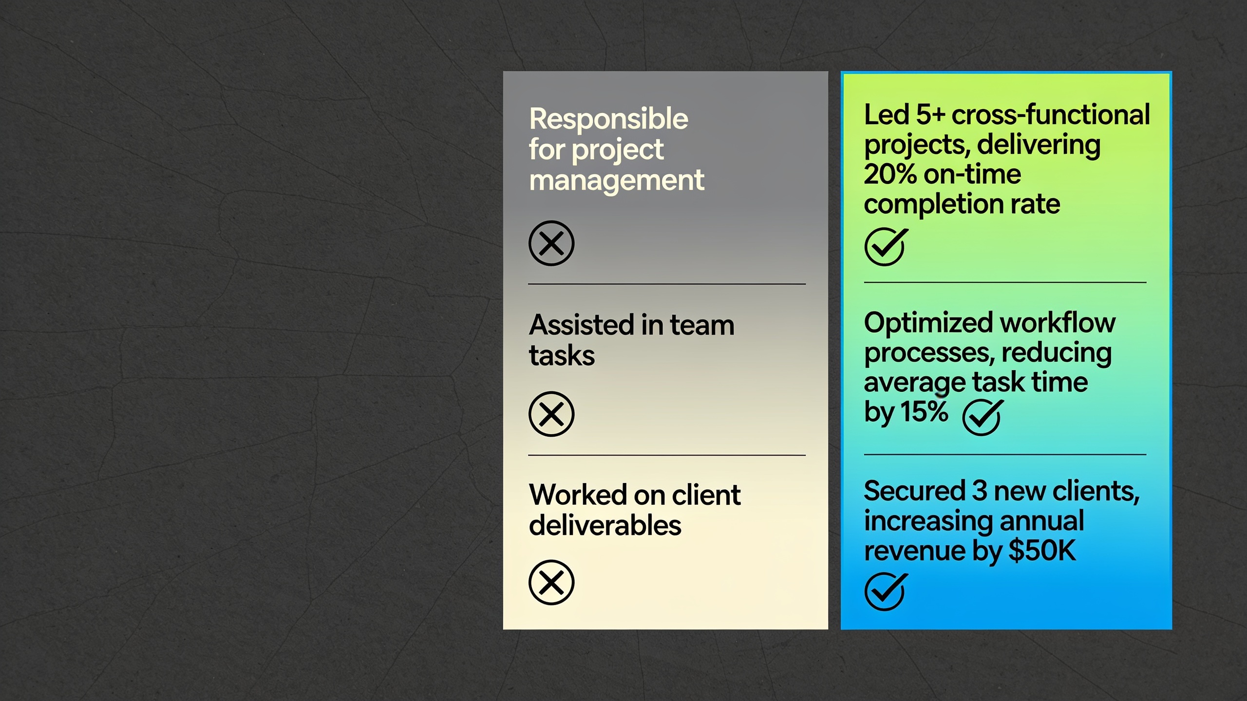 Resume comparison infographic showing weak versus strong resume language and keyword alignment for ATS systems