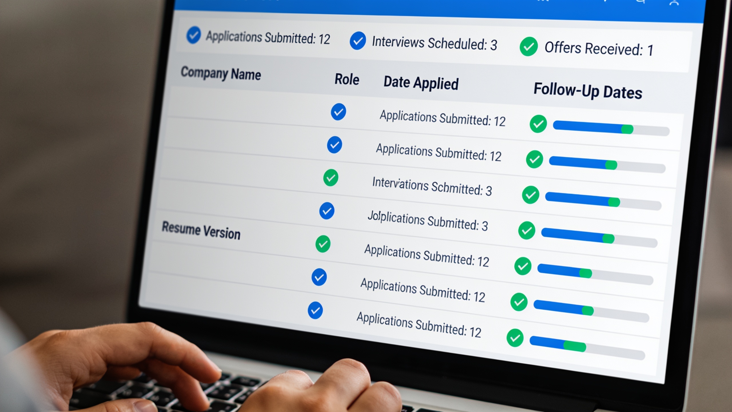 Job search tracker spreadsheet showing organized application management with company names, dates, and follow-up reminders