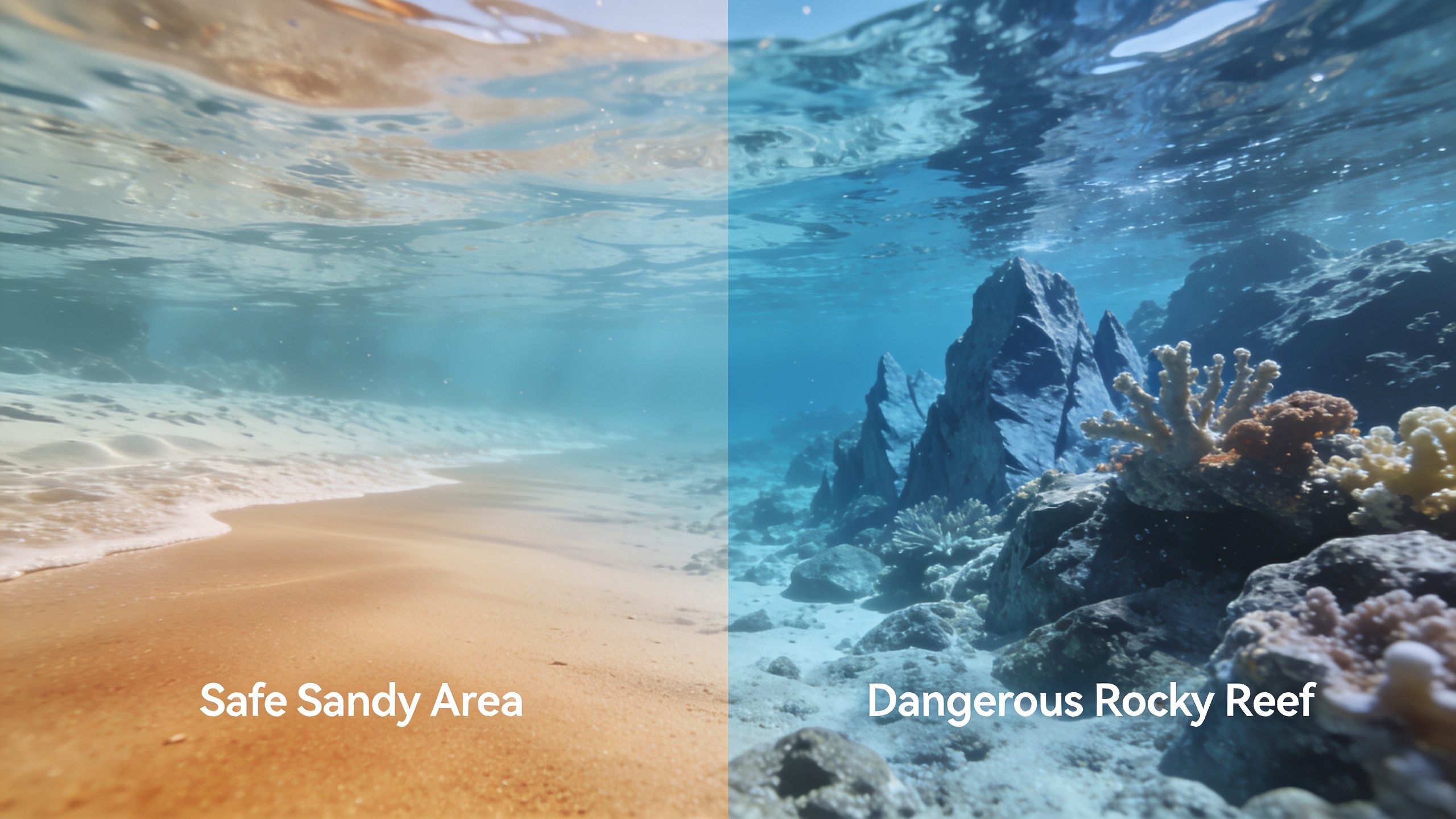 Comparison of sandy beach bottom versus rocky reef for beginner surfers, showing safer landing surfaces
