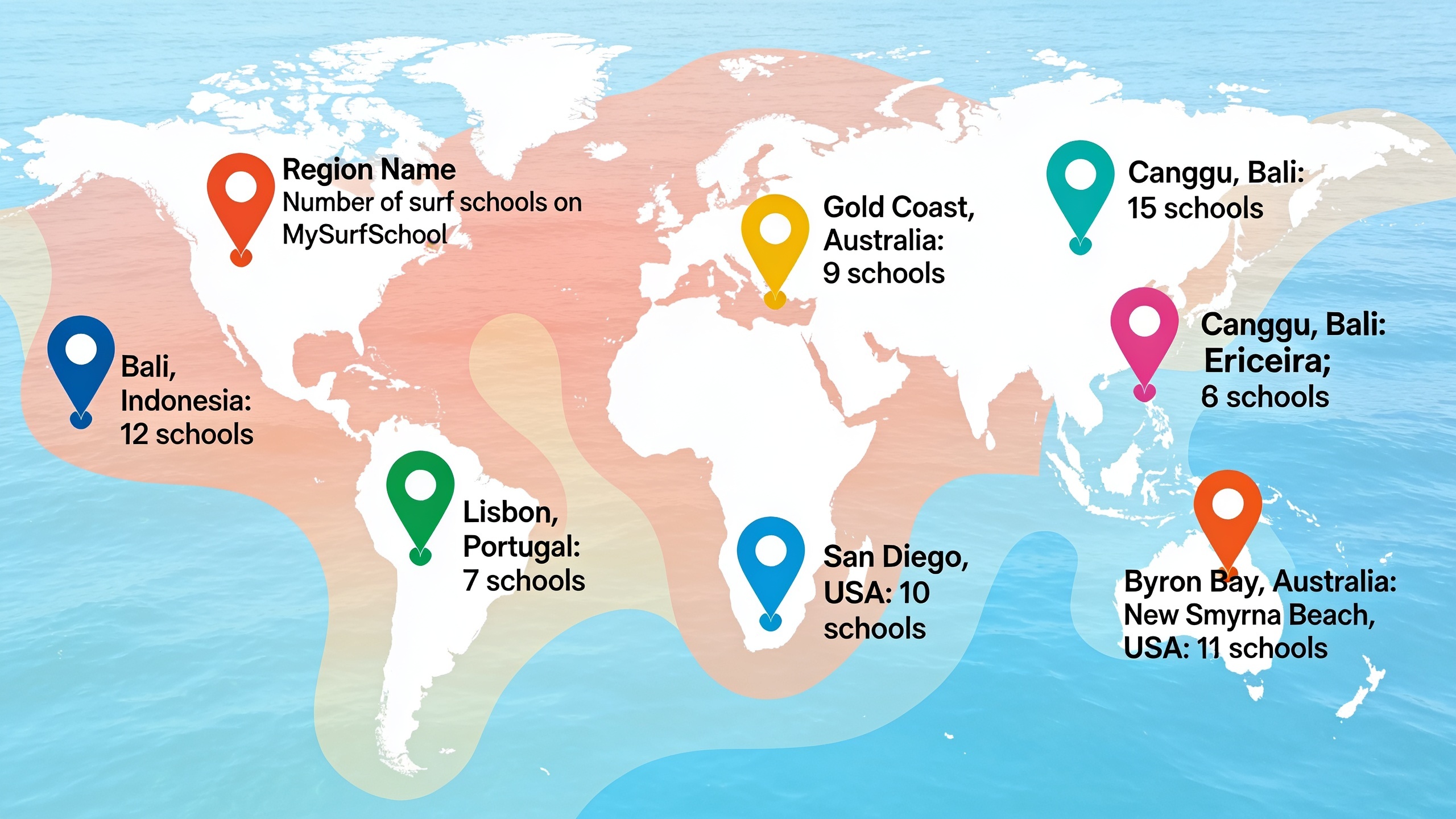 World map showing 8 top beginner surf destinations with regional school counts and water temperature indicators