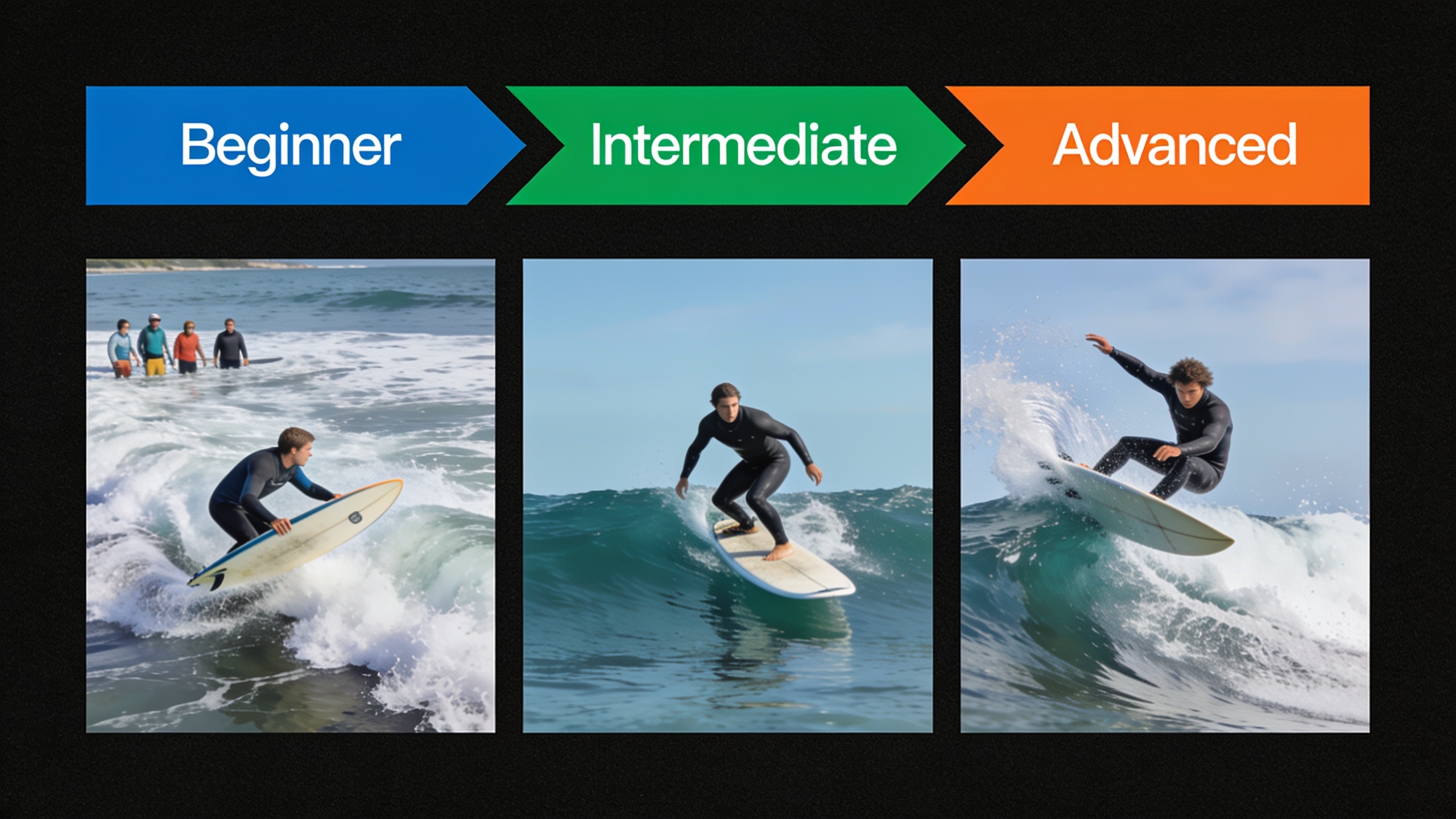 Visual comparison of beginner, intermediate, and advanced surfer skill levels with appropriate boards and wave conditions