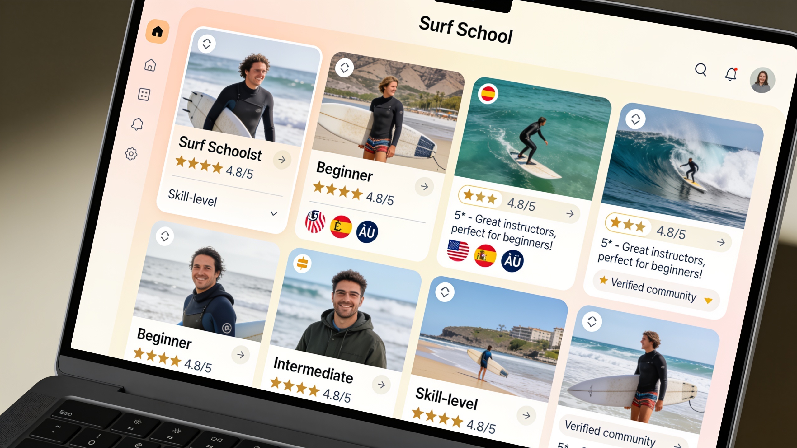 Surf school directory interface showing listings with reviews, ratings, skill-level tags, and language options for comparing schools