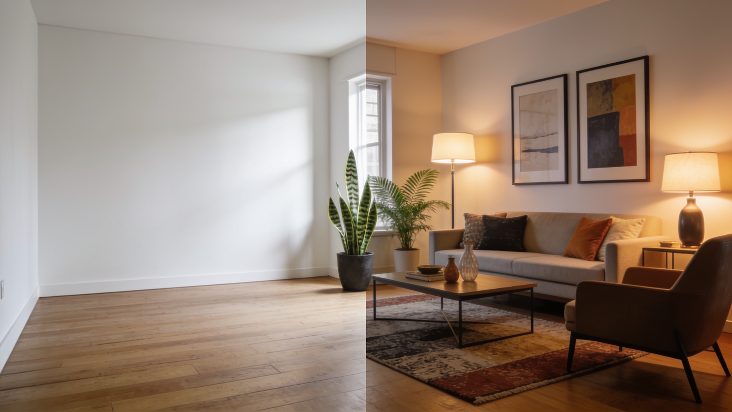 Before and after comparison of AI virtual staging transforming an empty living room into a furnished, styled space