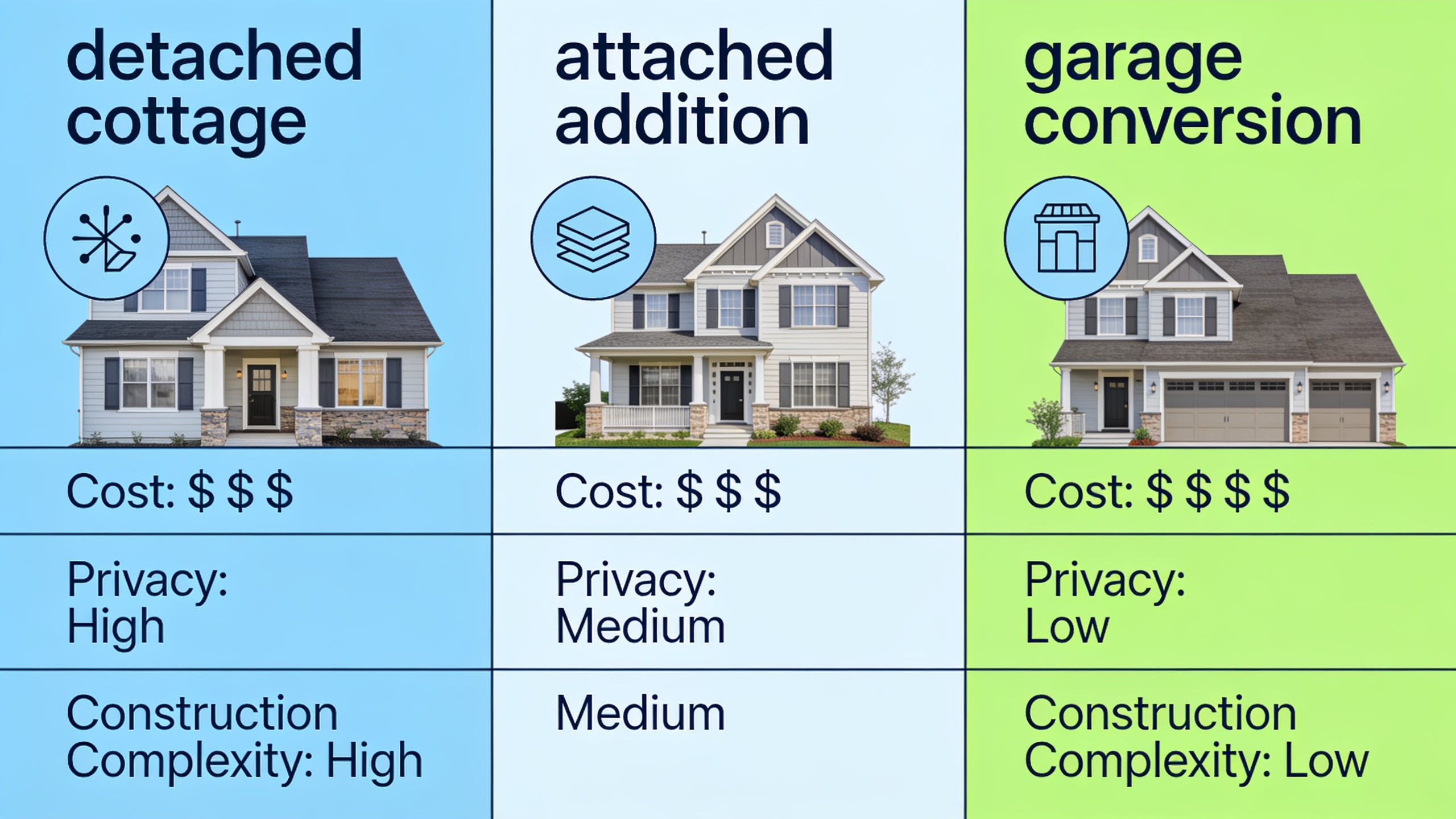 Comparison infographic of three ADU types showing detached, attached, and conversion options with cost and privacy indicators