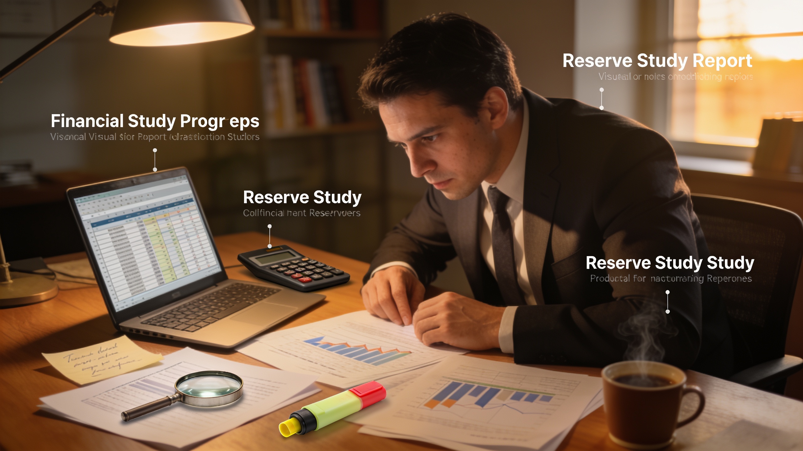 Person reviewing HOA financial documents and reserve study reports at a desk during property evaluation