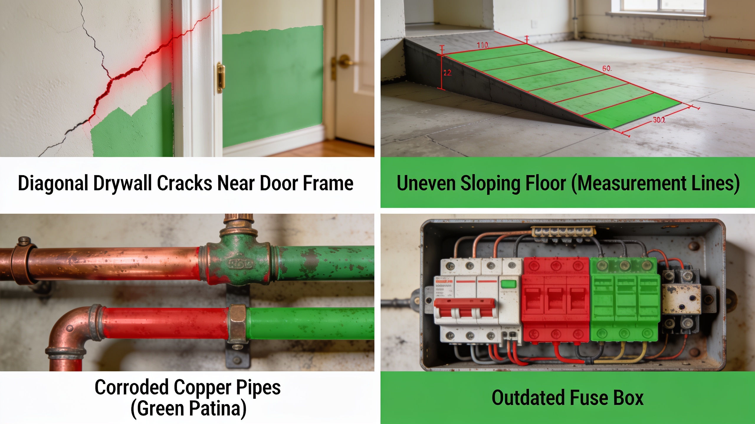 Infographic showing four major structural red flags to watch for when inspecting a fixer-upper: foundation cracks, sloping floors, corroded pipes, and outdated electrical panels