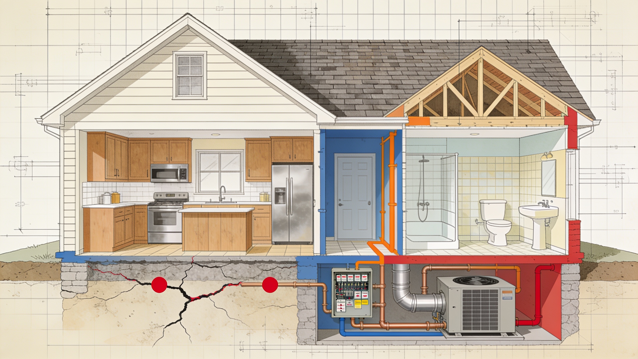 Home cross-section diagram illustrating major renovation categories including kitchen, bathroom, roof, foundation, electrical, plumbing, and HVAC systems with cost impact color coding