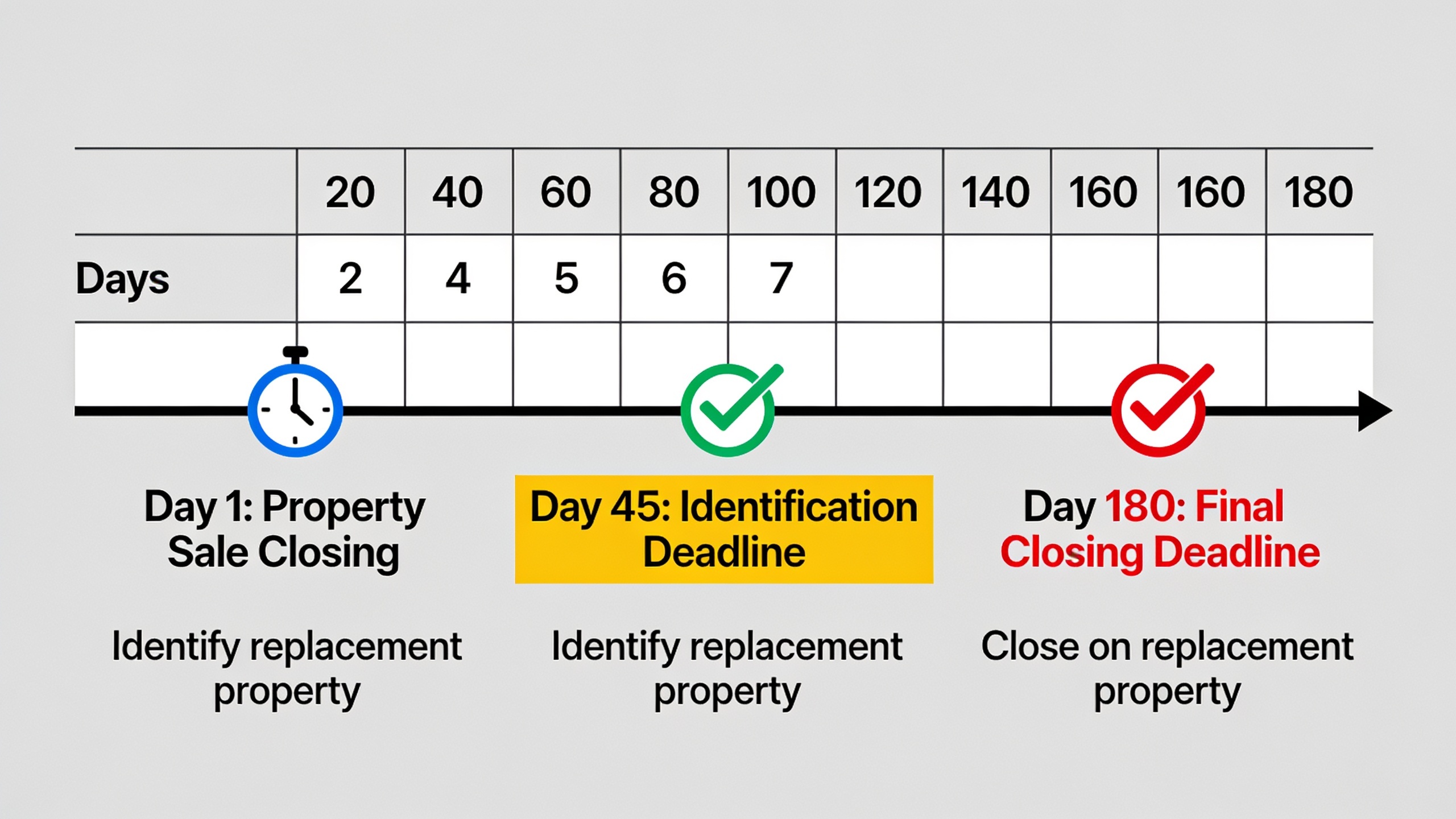 Visual timeline showing the critical 45-day identification and 180-day closing deadlines for 1031 exchange transactions