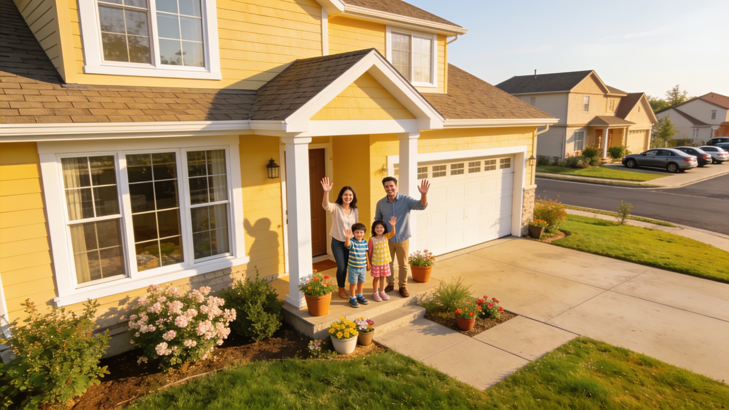 Suburban family home with parents and children in front yard, representing family-focused home buying