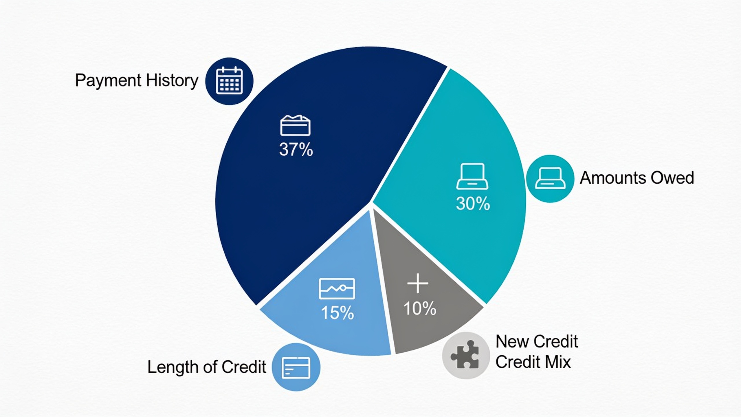FICO credit score breakdown showing five weighted components: payment history 35%, amounts owed 30%, length of credit 15%, new credit inquiries 10%, and credit mix 10%
