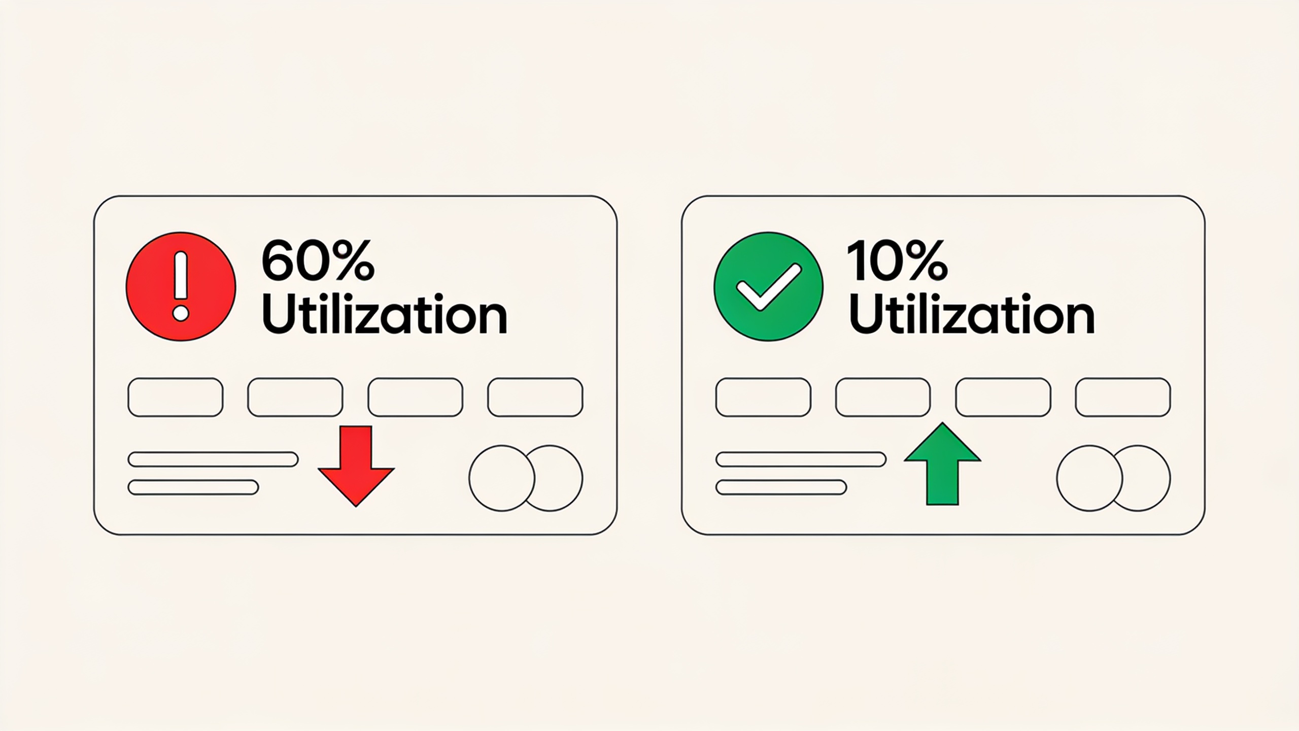 Credit utilization comparison showing 60% utilization with warning indicator versus 10% utilization with approval indicator
