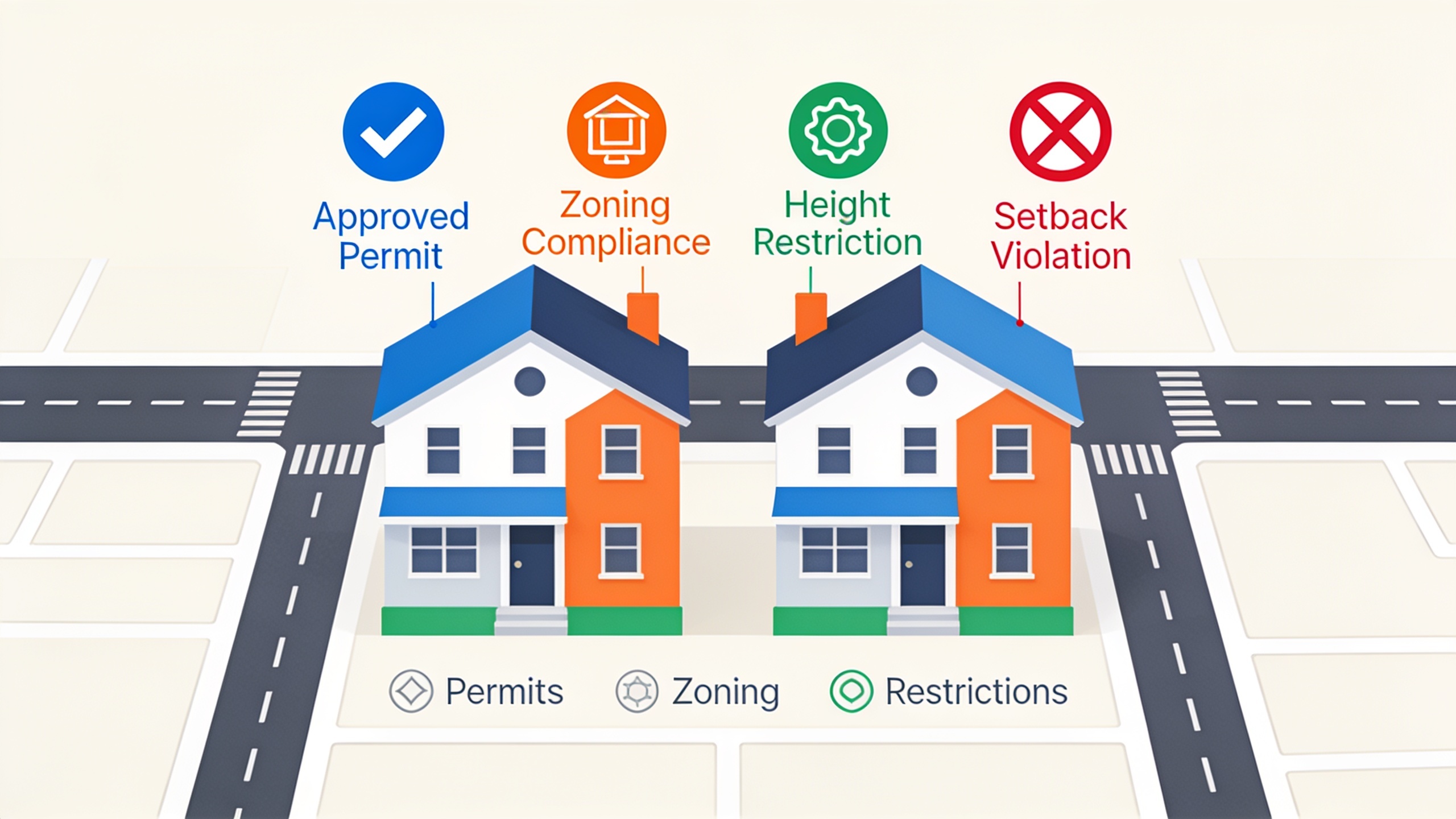 Infographic showing how two neighboring properties can be subject to different short-term rental regulations and zoning rules