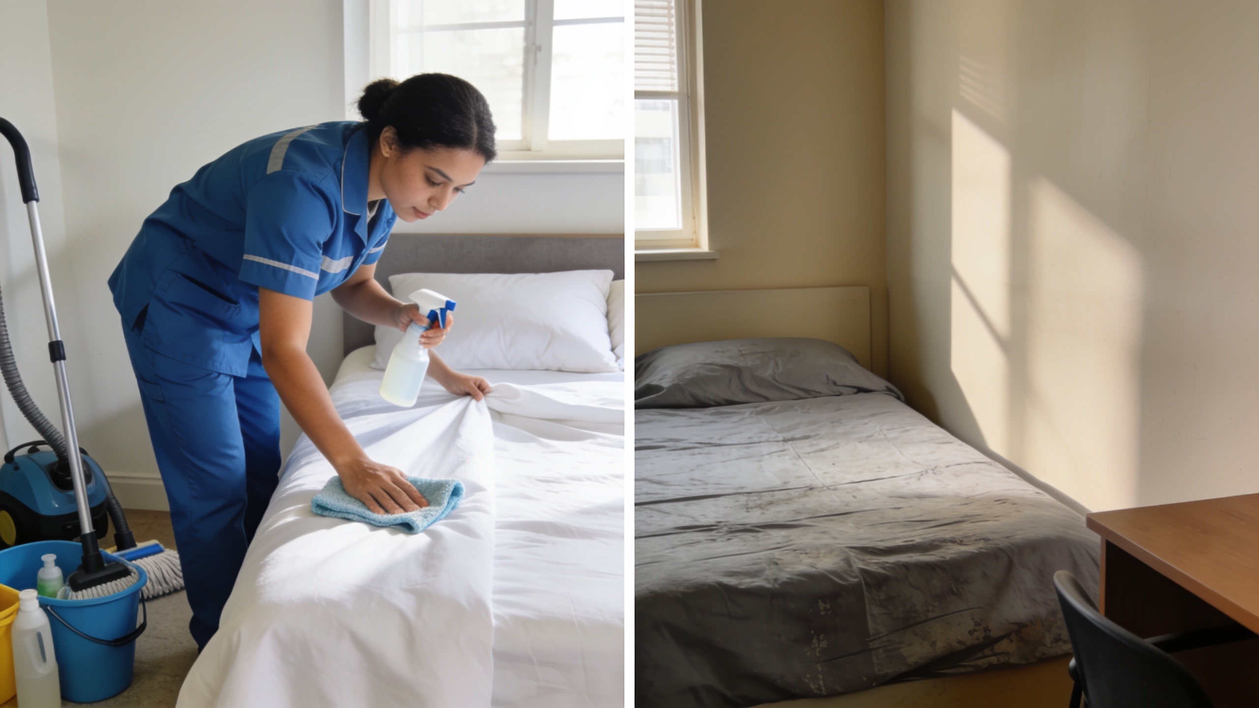 Side-by-side comparison of intensive short-term rental turnover cleaning versus minimal long-term rental maintenance