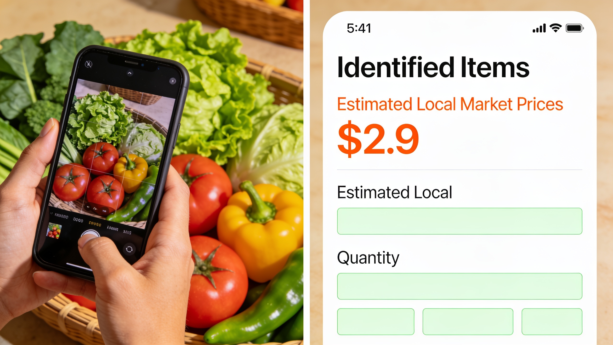 Item detection feature showing a smartphone camera capturing grocery items and the app displaying identified products with local market price estimates