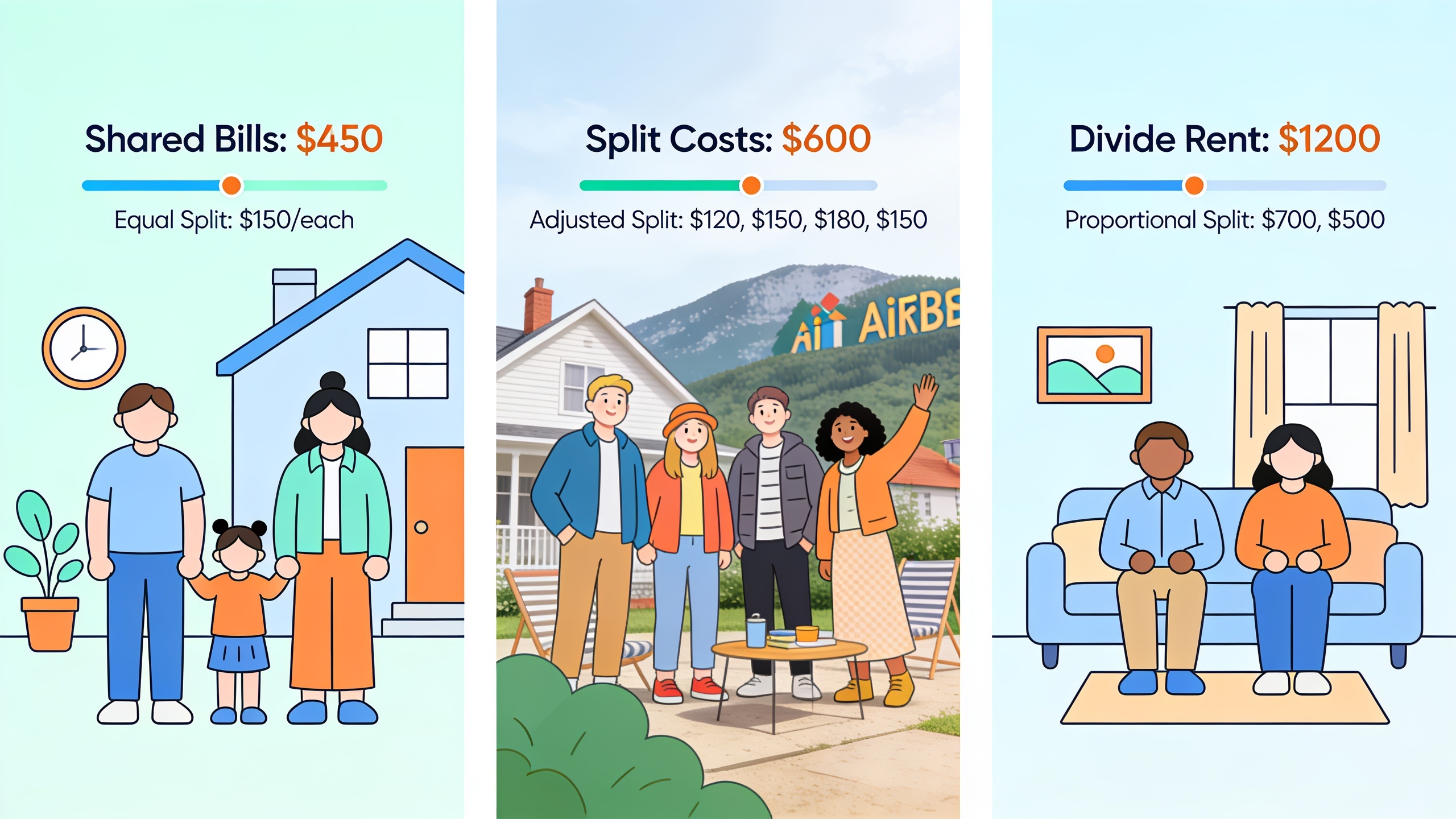 Visual comparison of three group expense tracking scenarios: household budget, trip splitting, and roommate bill division with shared balance calculations