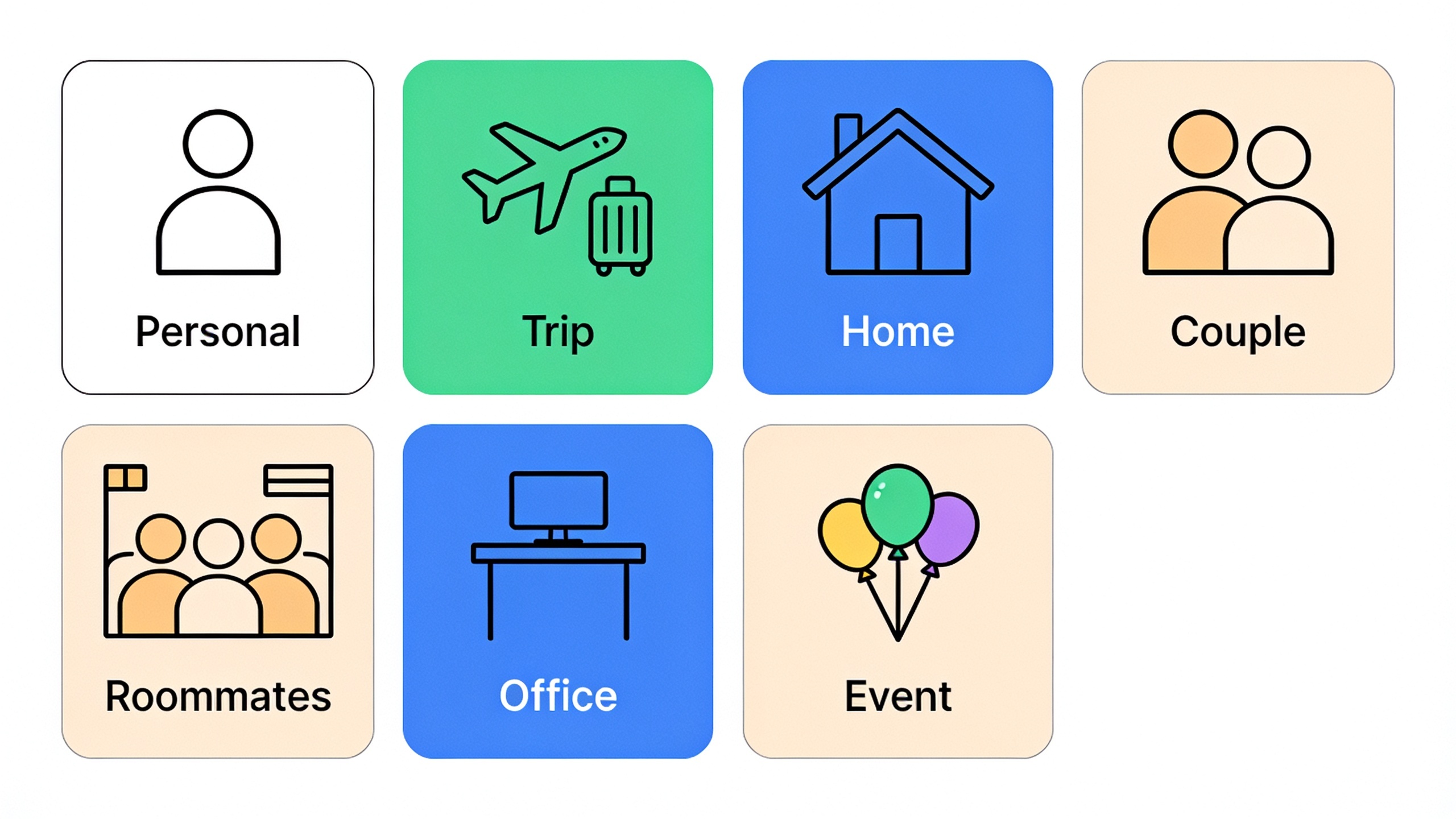Visual representation of seven PayYaar group templates: Personal, Trip, Home, Couple, Roommates, Office, and Event