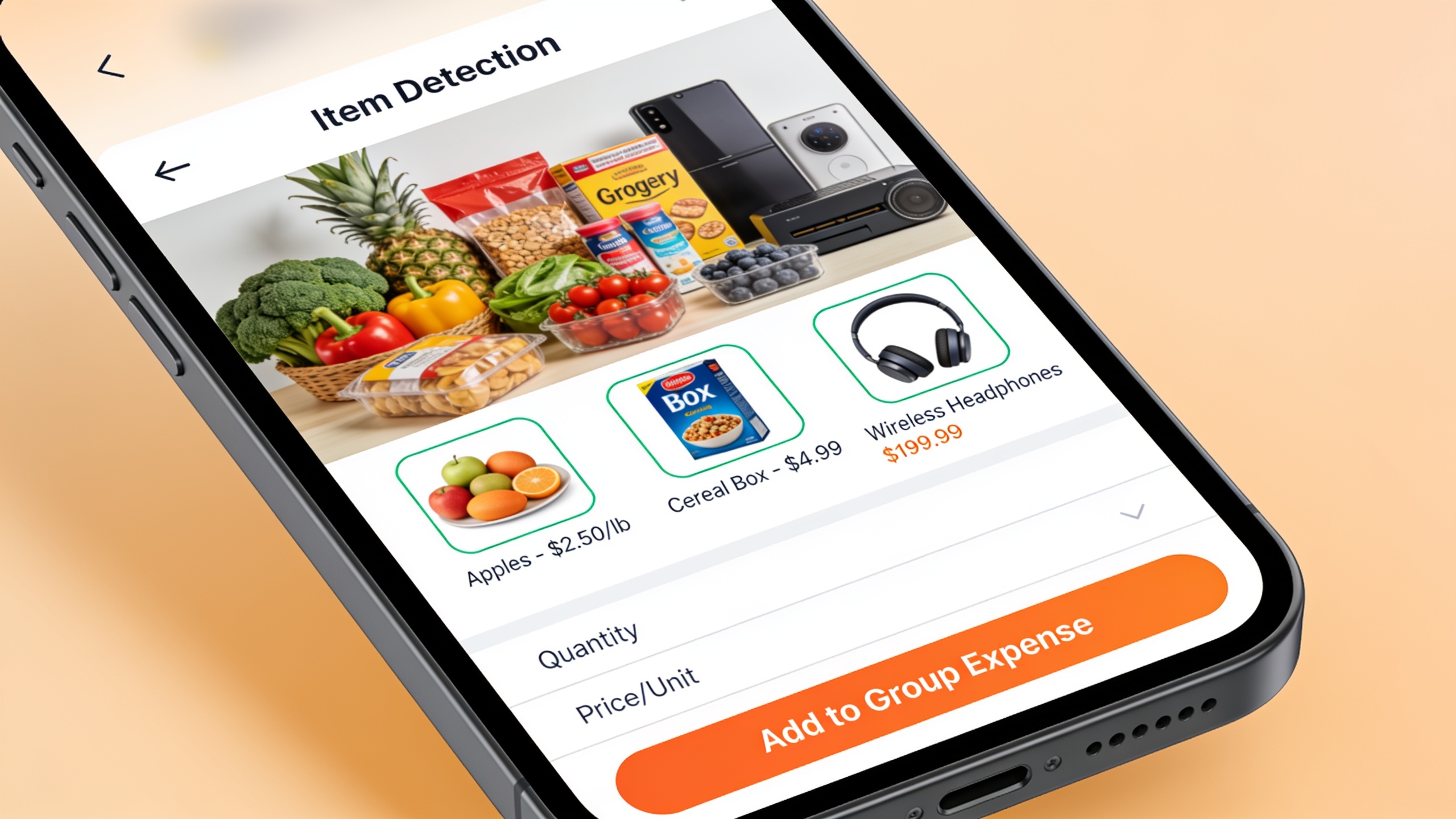 PayYaar item detection feature scanning grocery items and displaying AI-identified products with estimated local market prices for group expense logging