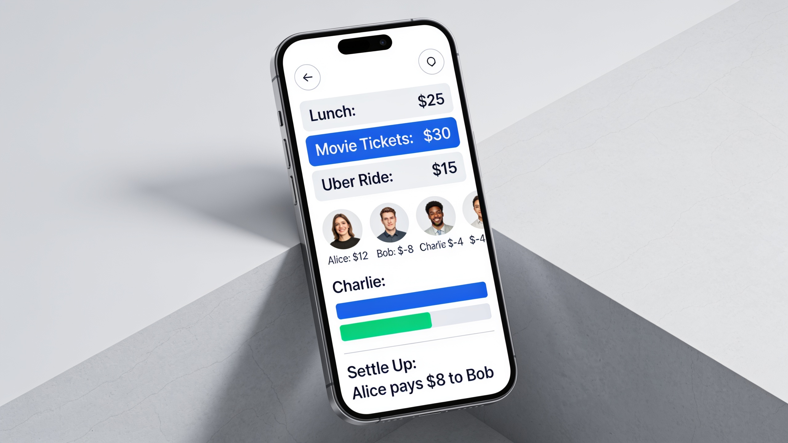 Bill-splitting app interface showing organized expenses, participant balances, and settlement amounts in real-time