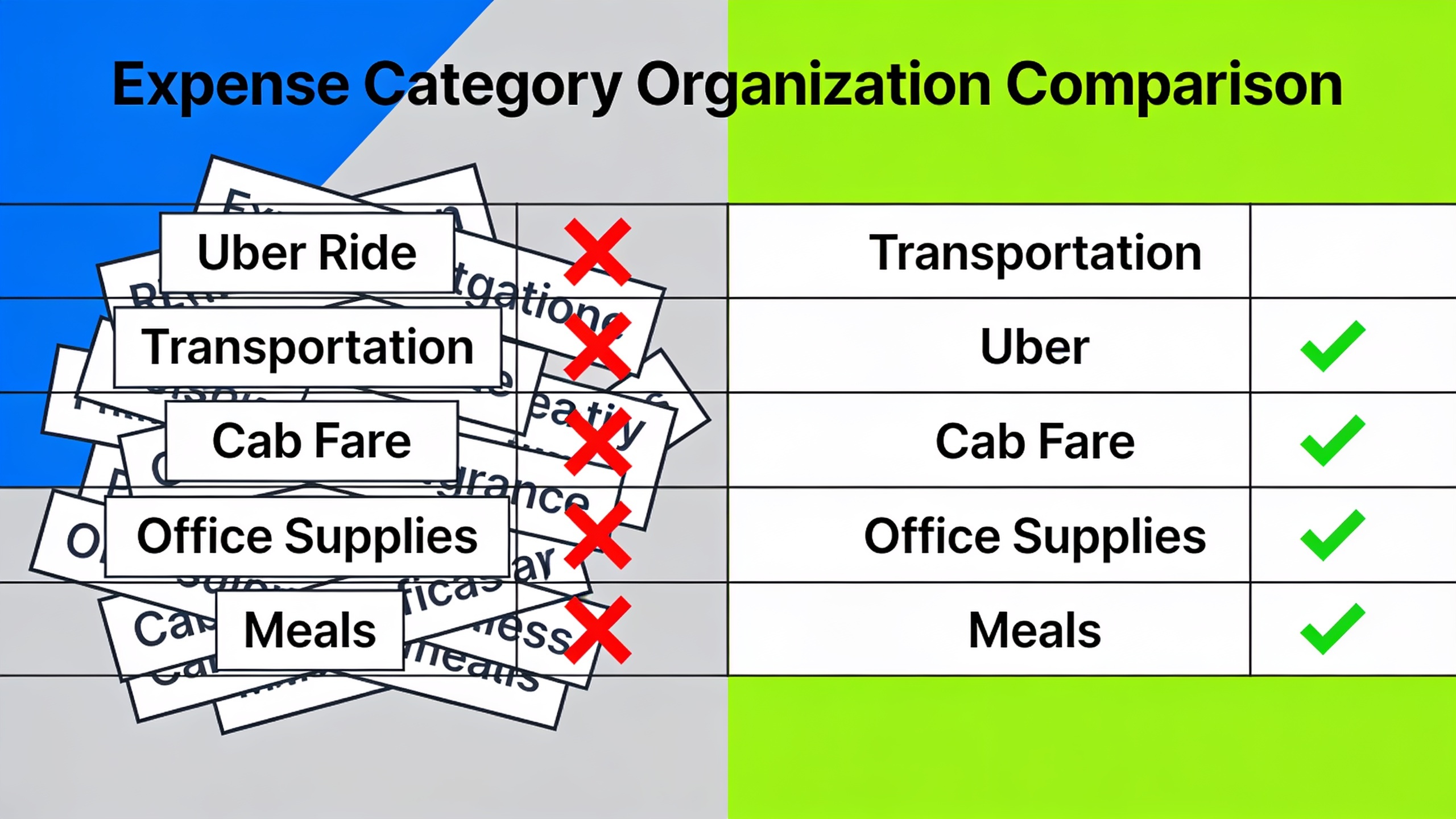 Comparison of inconsistent manual expense categorization versus consistent AI-powered categorization