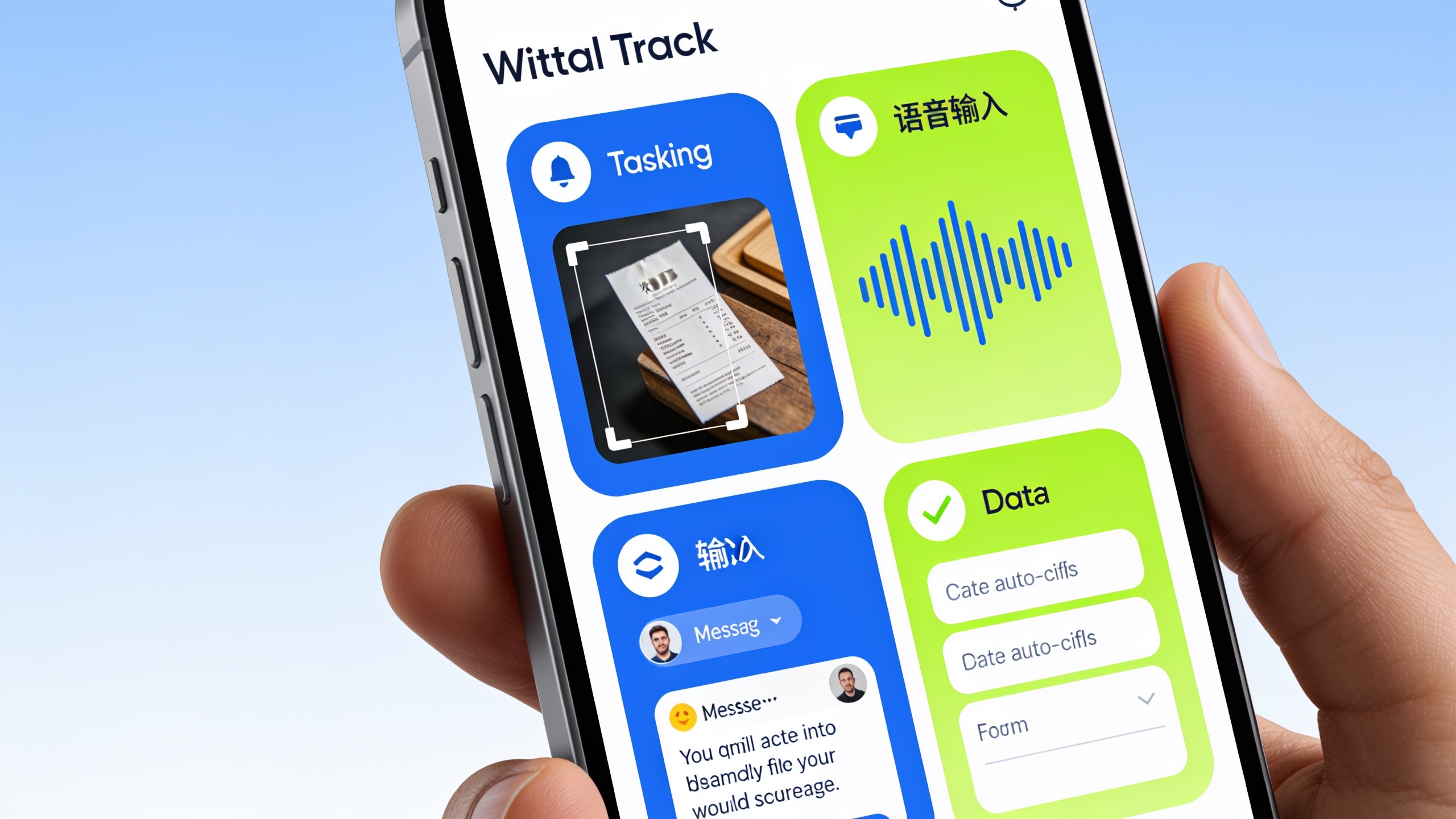 Mobile app interface demonstrating multiple AI capture methods: photo scanning, voice input, and text message capture for expenses