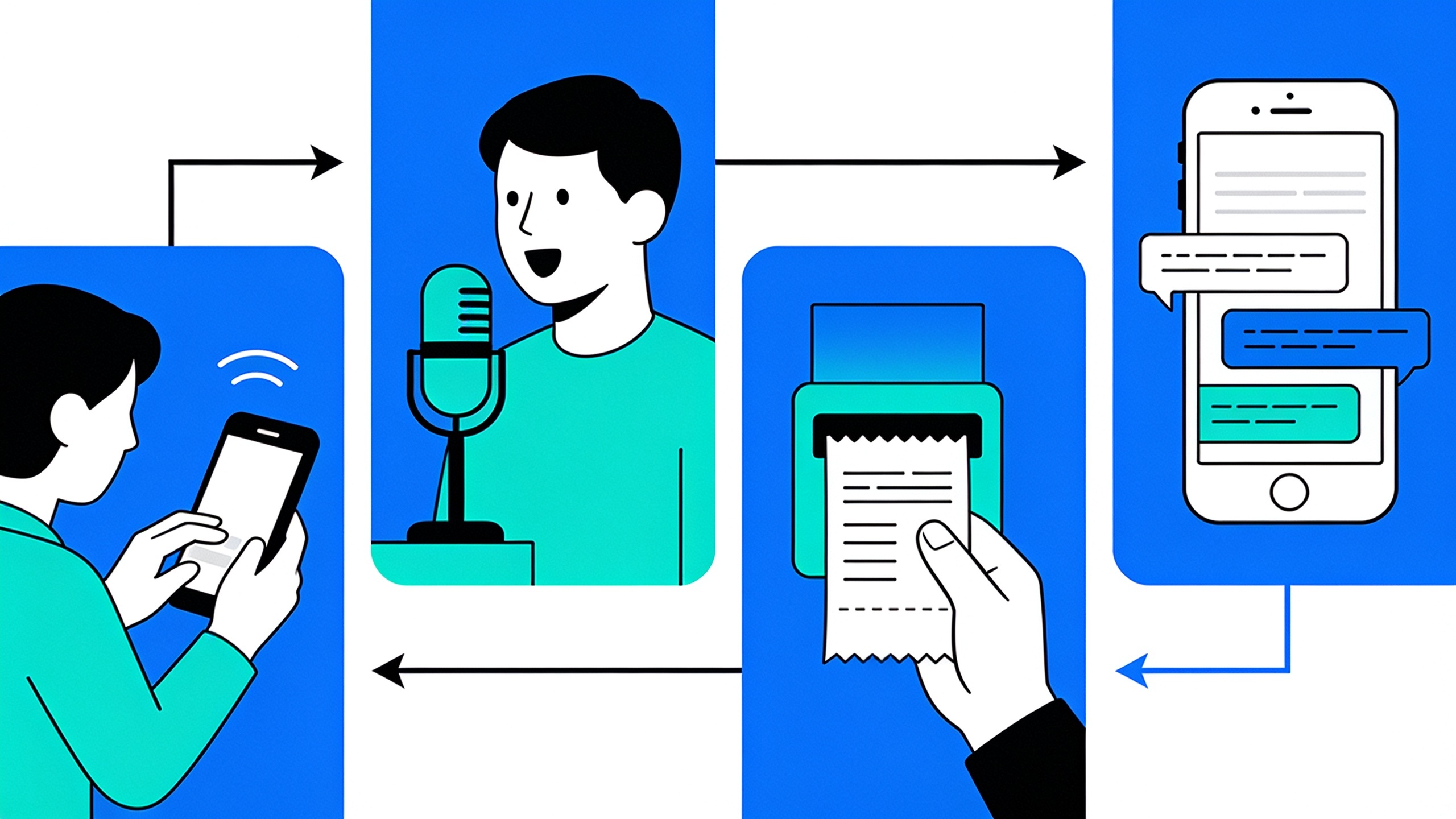Four methods of expense entry in PayYaar: typing, voice, receipt scanning, and text sharing