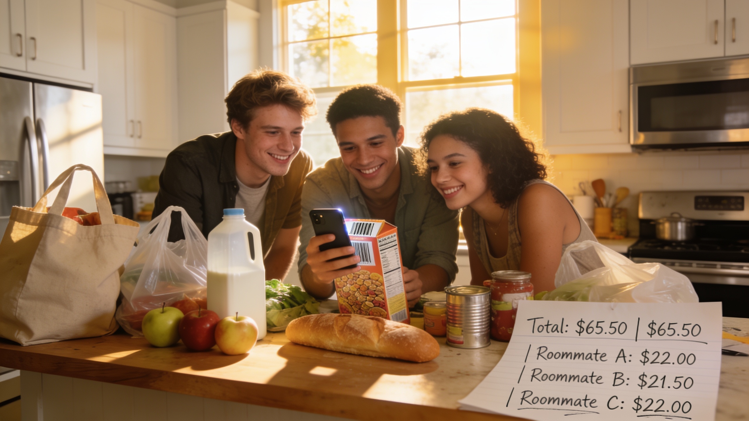 Roommates using PayYaar to split grocery expenses in a shared kitchen