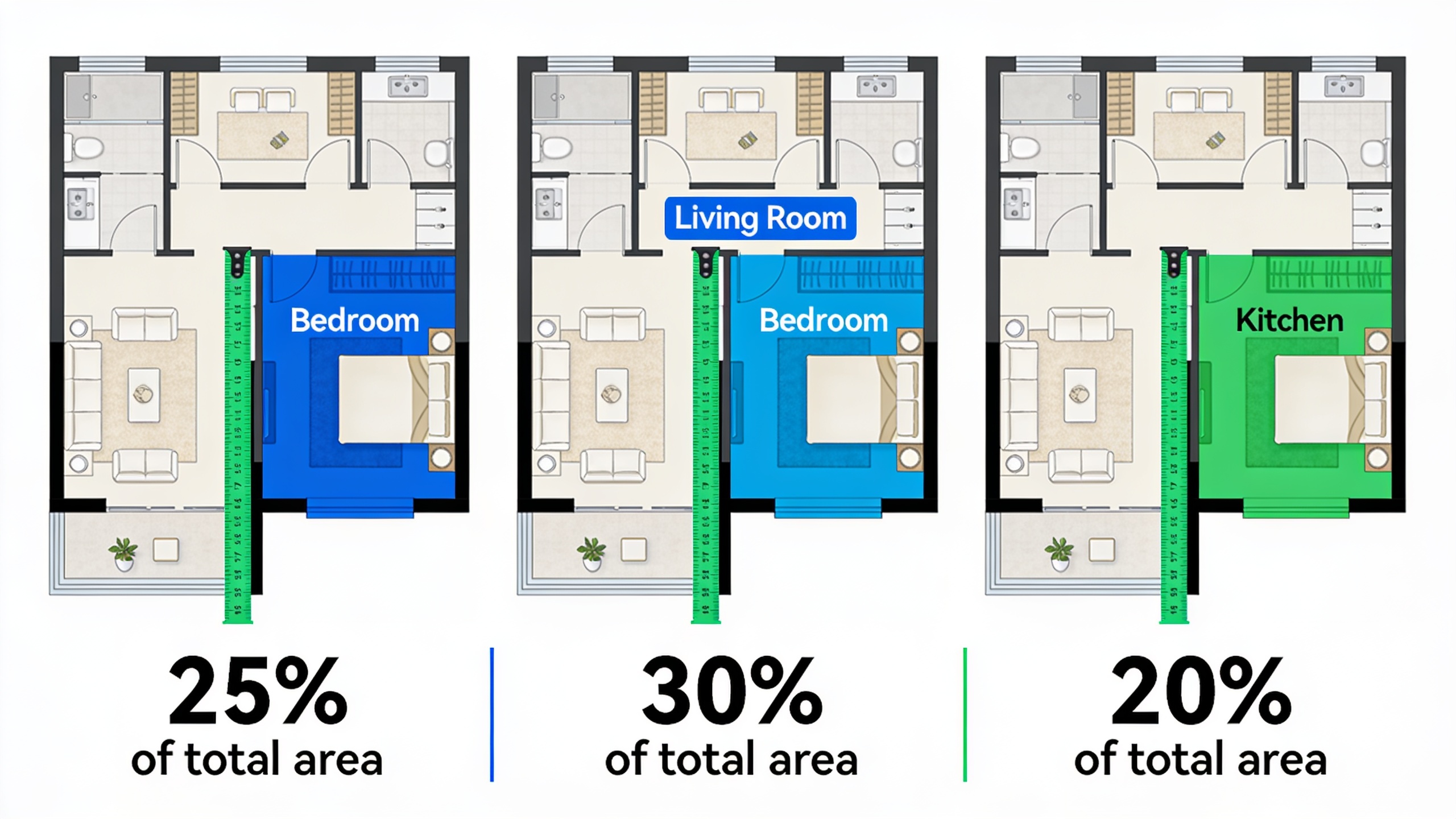 Visual comparison of three rent-splitting methods showing different apartment layouts and room size calculations