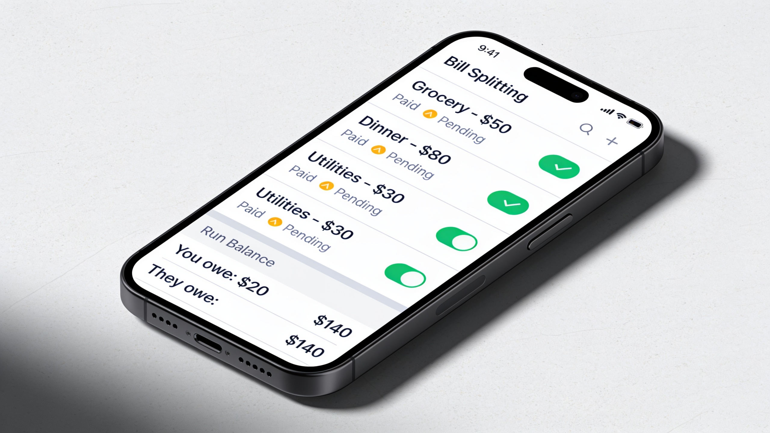 Mobile app interface showing shared expense tracking and payment status for roommate bill splitting